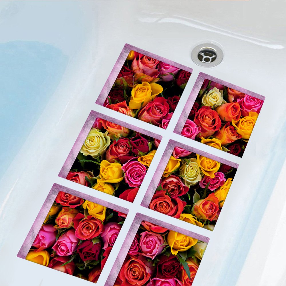 ChezMax Bath Treads Stickers Flower Pattern Square 3D Adhesive Anti Slip Tub Tattoos Safety Decals Mat Waterproof Shower Tub Sticker Bathtub Appliques for Bath Pools Home Decor 6 Pcs 5.9'' X 5.9''