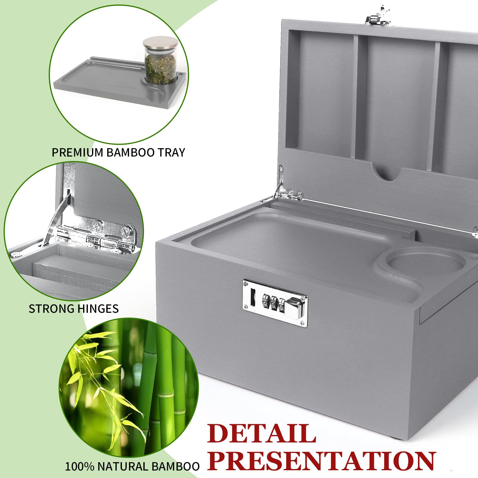 TISEMENT Large Bamboo Box with Combination Lock, Grey Decorative Storage Box with Removable Tray & Detachable Compartment, Woode