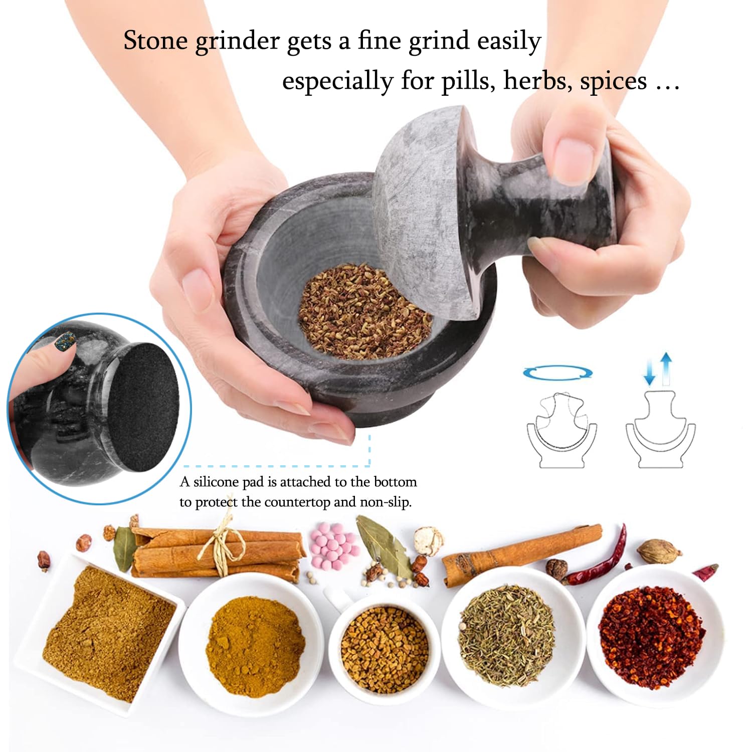 Mortar And Pestle Set, Marble Mortar And Mushroom Pestle,4 Inch,1/2 Cup,Stone Grinder With Brush Placemat For Pills Herbs Spices