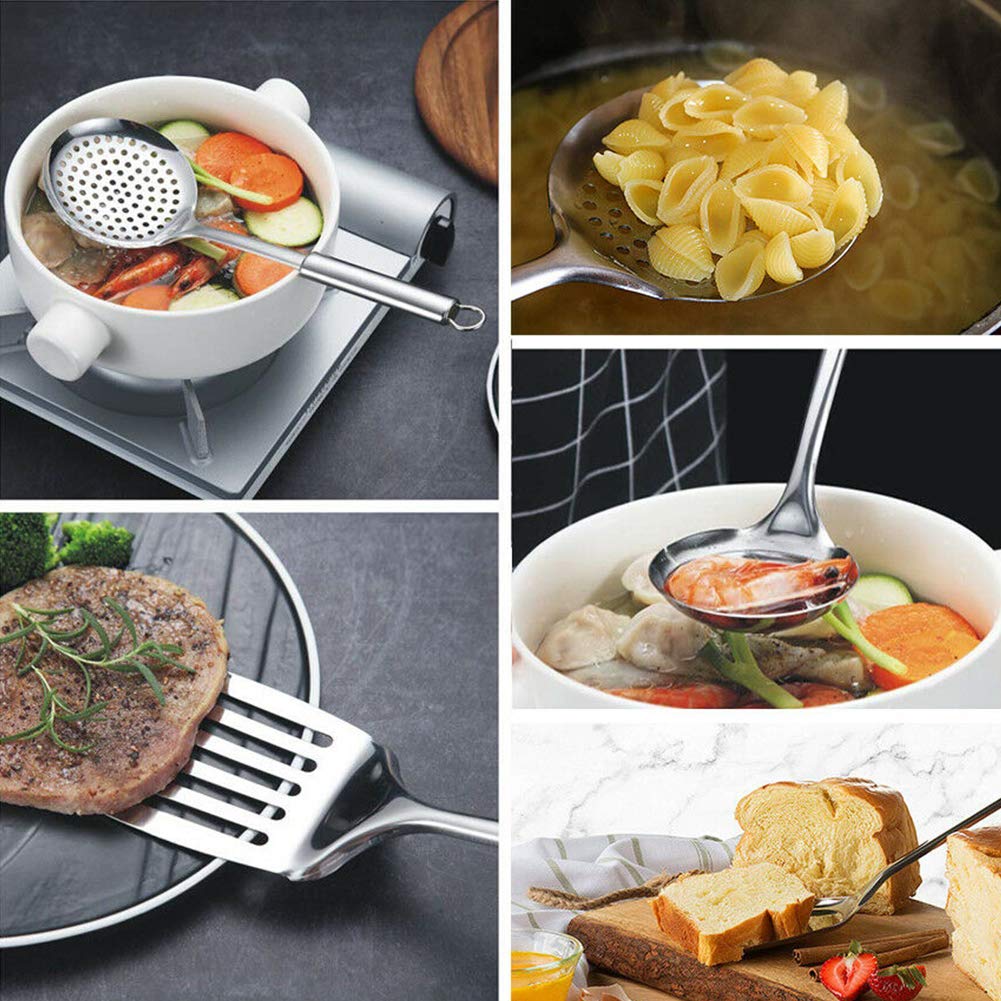 5 Pcs Stainless Steel Cooking Utensils Set Heat Resistant Kitchen Gadgets Utensil Set Includes Slotted Spoon, Slotted Spatula, L