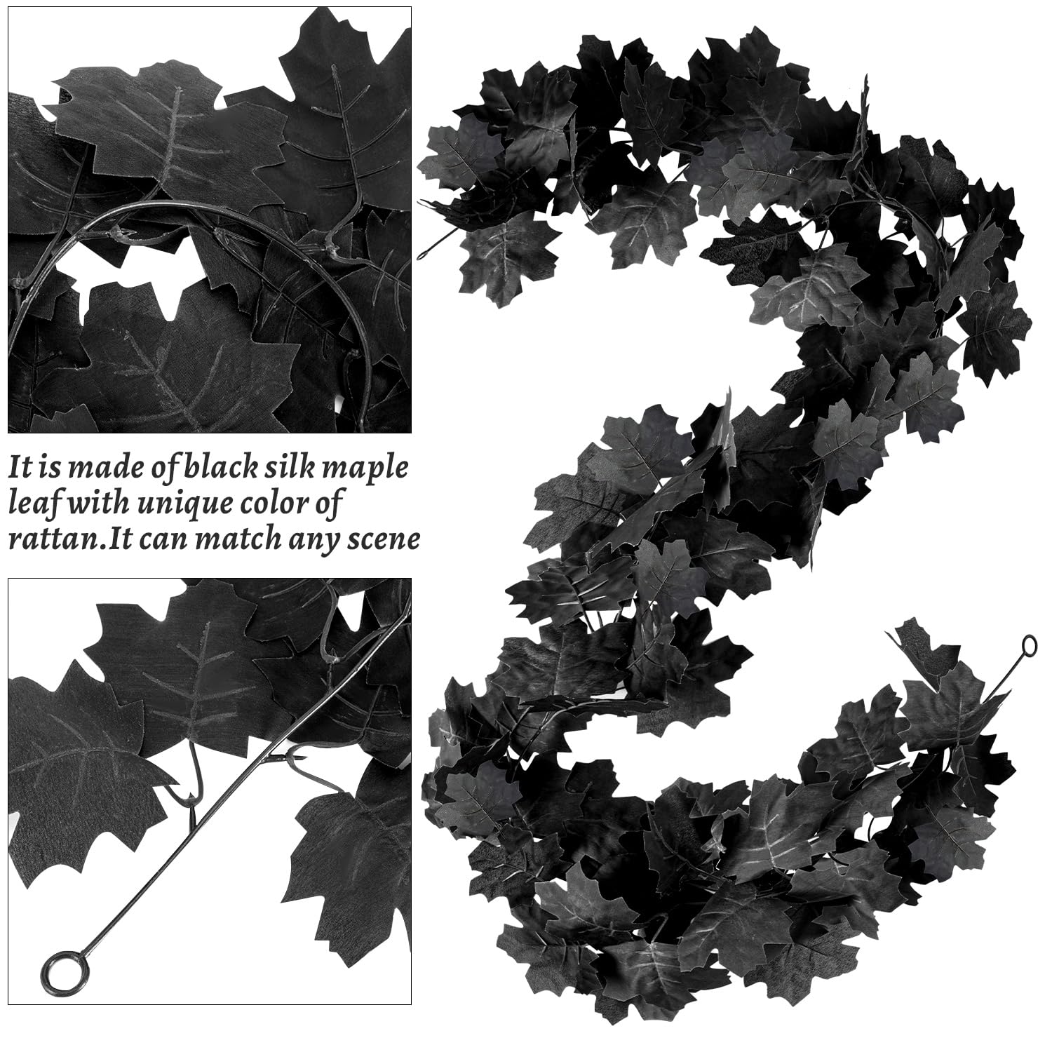 Black Leaf Garland, 12PCS Halloween Artificial Hanging Fall Leave Maple Vines, Fall Floral Garlands Thanksgiving Decor for Home