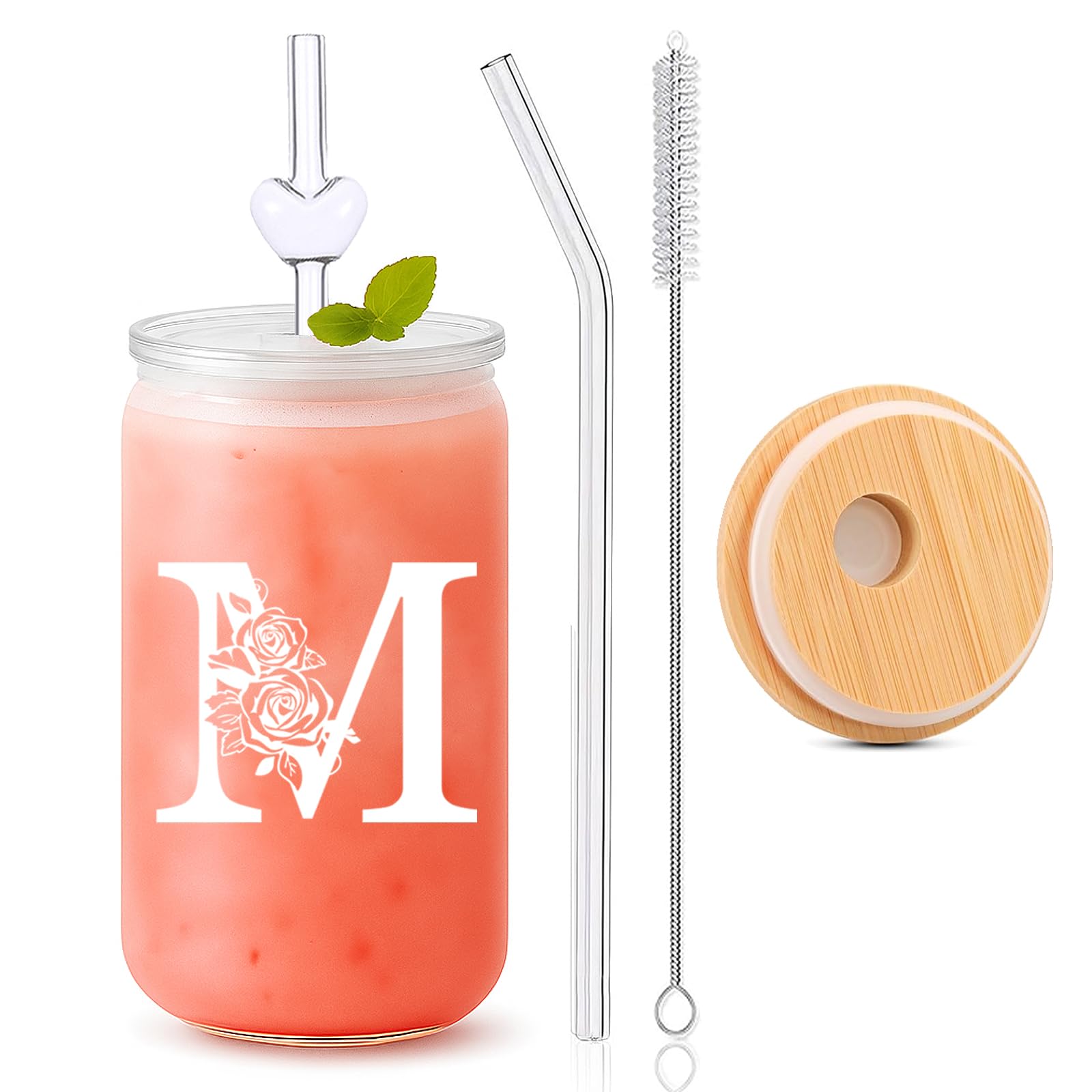 DAMCONME Personalized Gifts for Women, Initial M Glass Cup with Lid and Straw, Monogram Glass Tumbler for Her, Gift for Her
