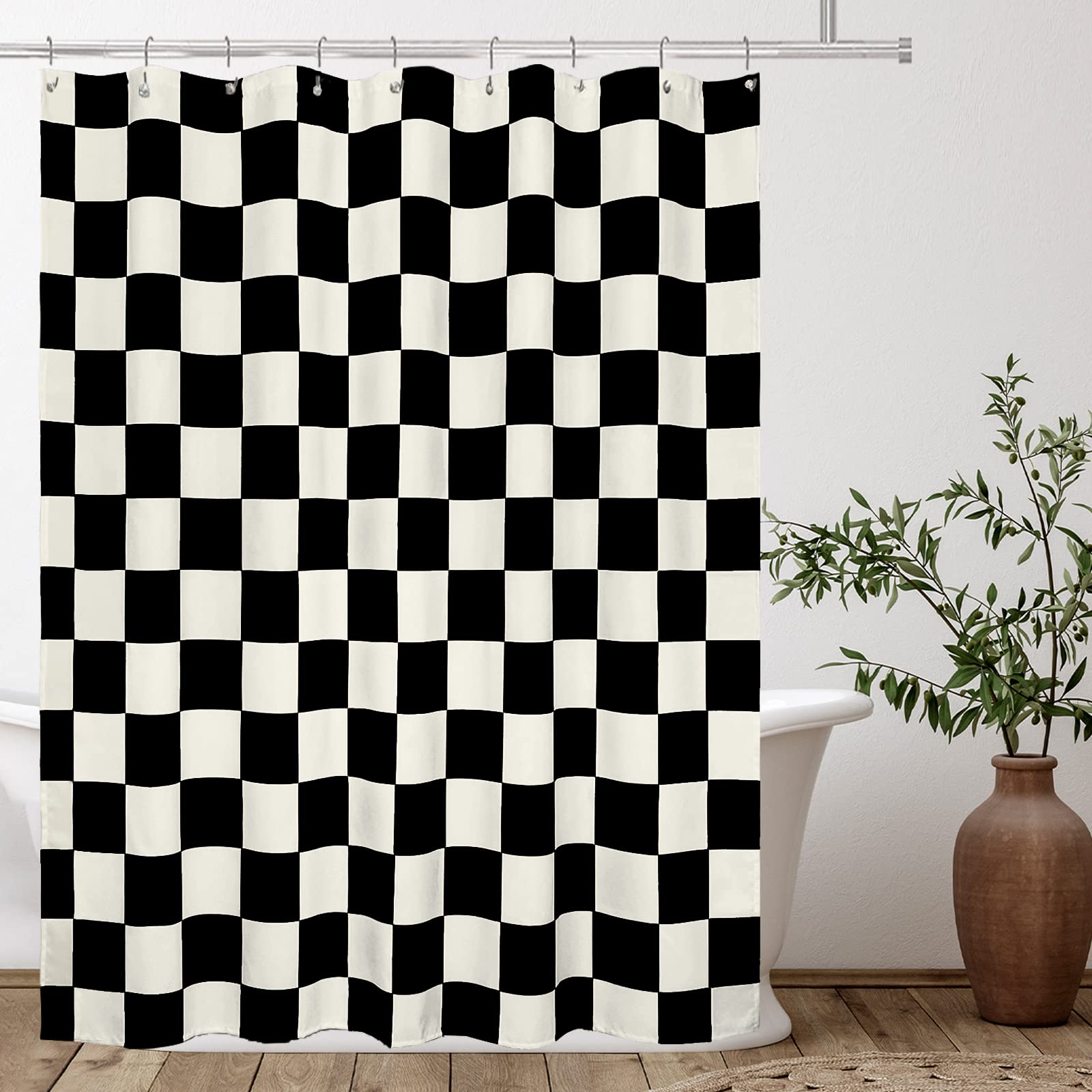Tititex Aesthetic Checkerboard Grid Pattern Shower Curtain, Beige Black Modern Shower Curtain Sets Decoration 60X71 Inch With Ho