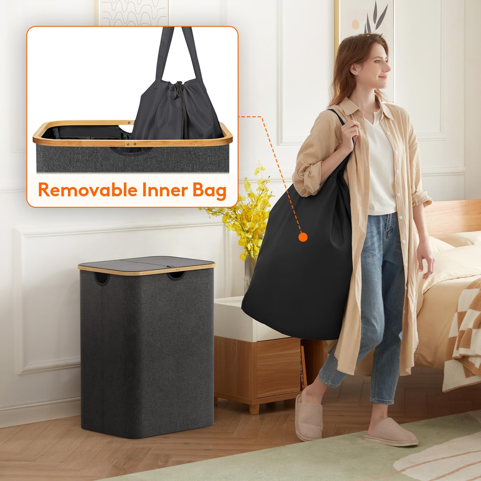 Lifewit 150L Laundry Basket With Lid, Clothes Hampers With Bamboo Handles And A Removable Laundry Bag, Large Foldable Hamper For