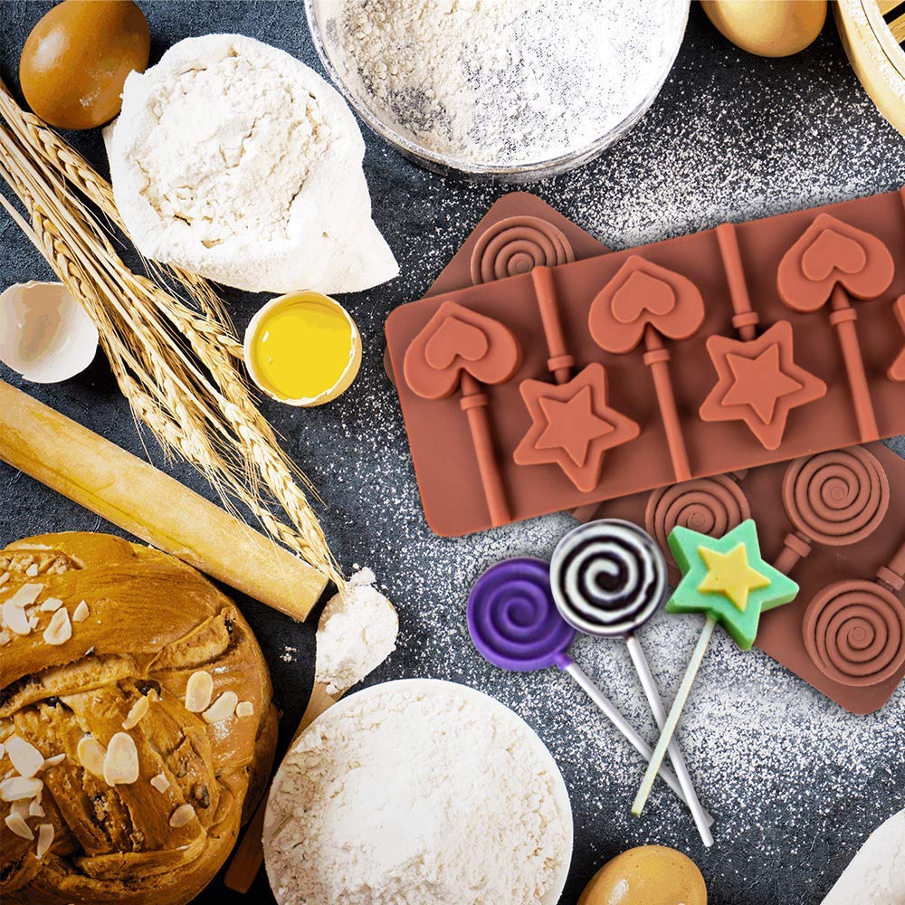 Cozihom 6 Cavity Silicone Lollipop Mold, Candy Mold, Christmas Candy Mold, Typical Round, Stars & Hearts, Bowknots, Christmas, S