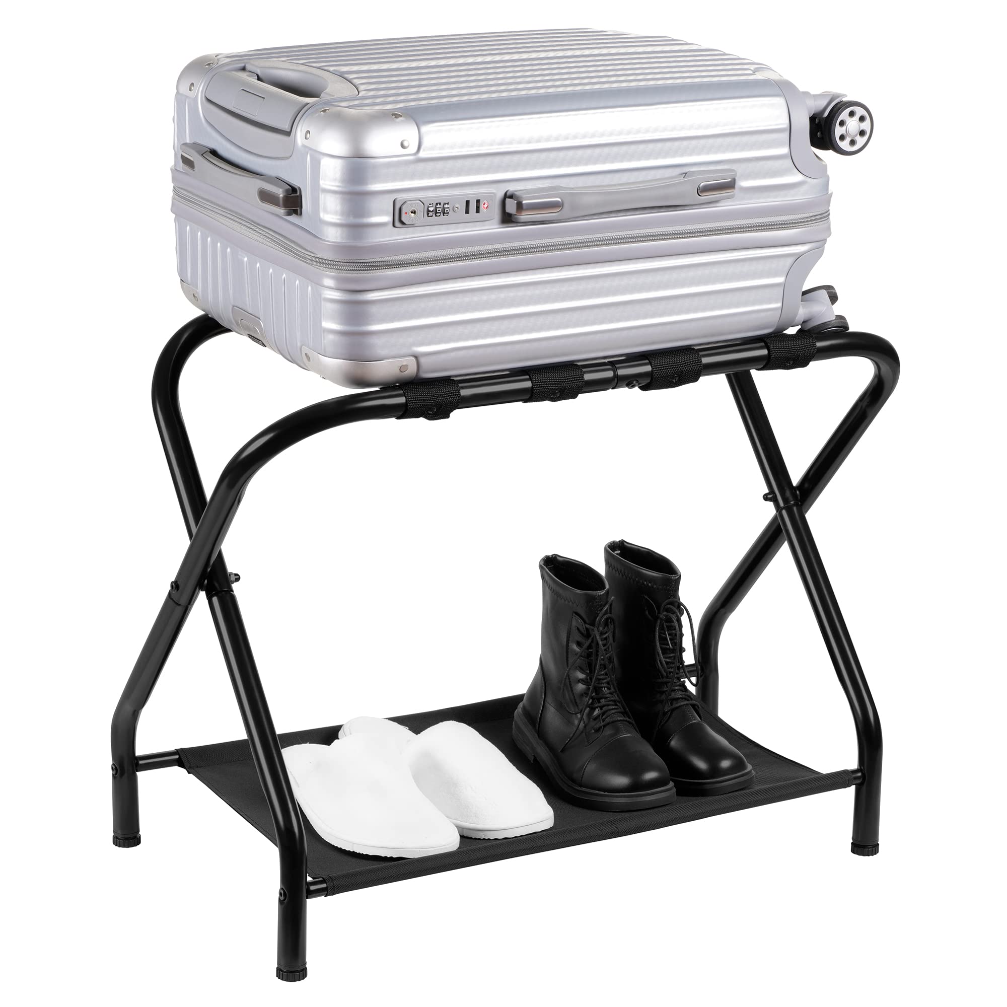 Heybly Luggage Rack,Pack Of 2,Steel Folding Suitcase Stand With Storage Shelf For Bedroom, Hotel, Foldable Steel Frame, Guest Ro