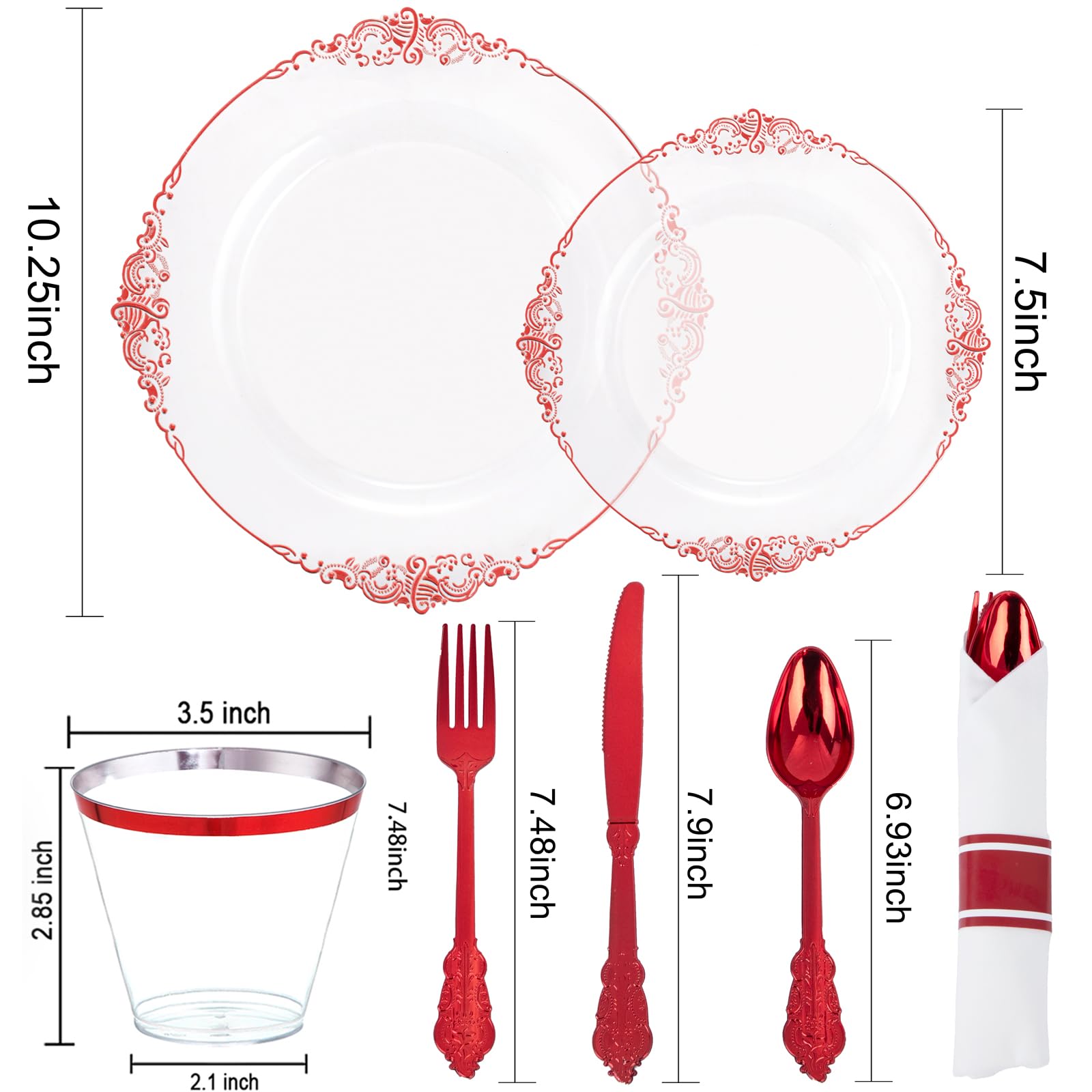 Hioasis 350Pcs Clear And Red Plastic Plates, Red Dinnerware Set For 50 Guests Include 50 Dinner Plates,50 Dessert Plates,50 Pre