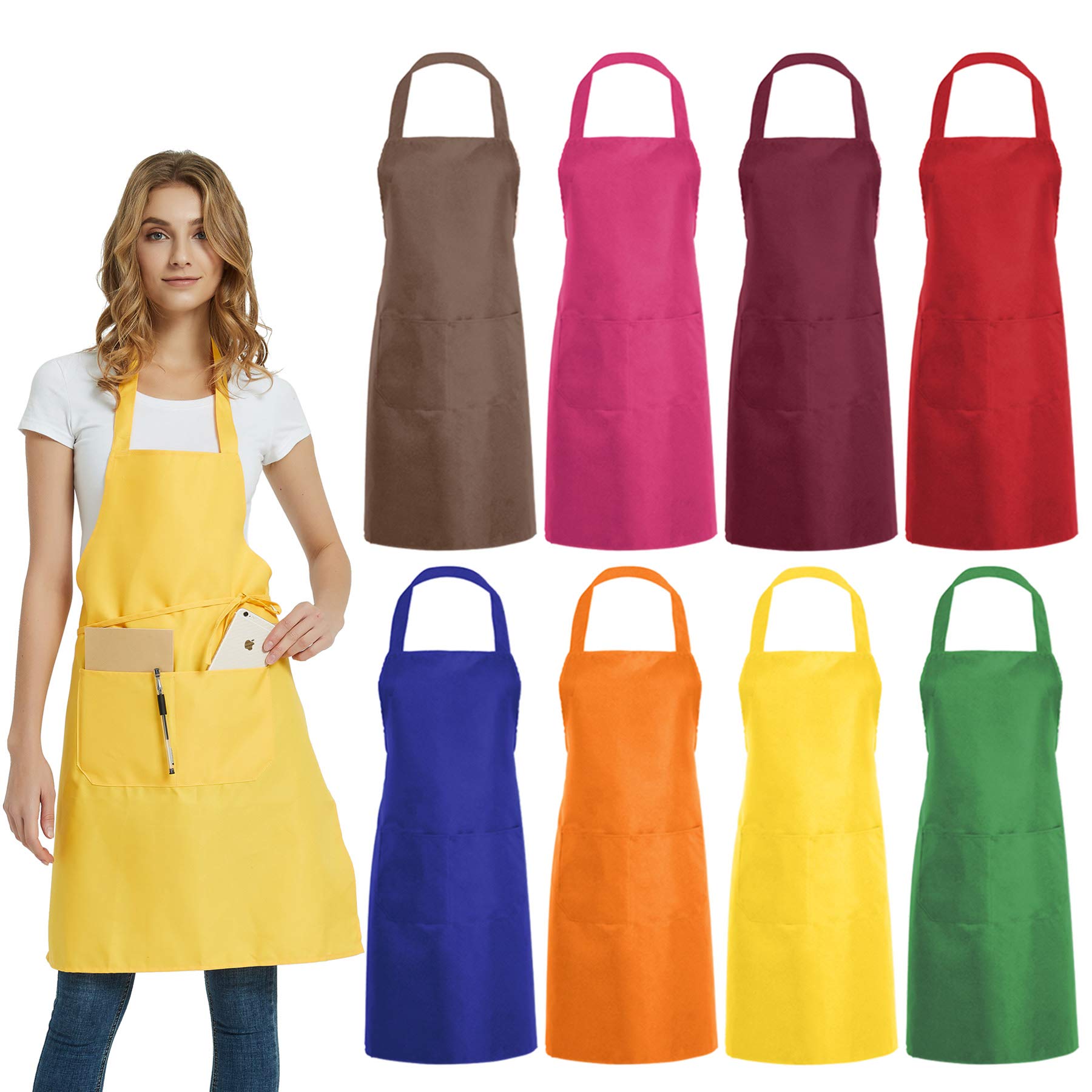 Duskcove 8 Pcs Plain Bib Aprons Bulk - Mixed Color Commercial Apron With 2 Pockets For Kitchen Cooking Restaurant Bbq Painting C
