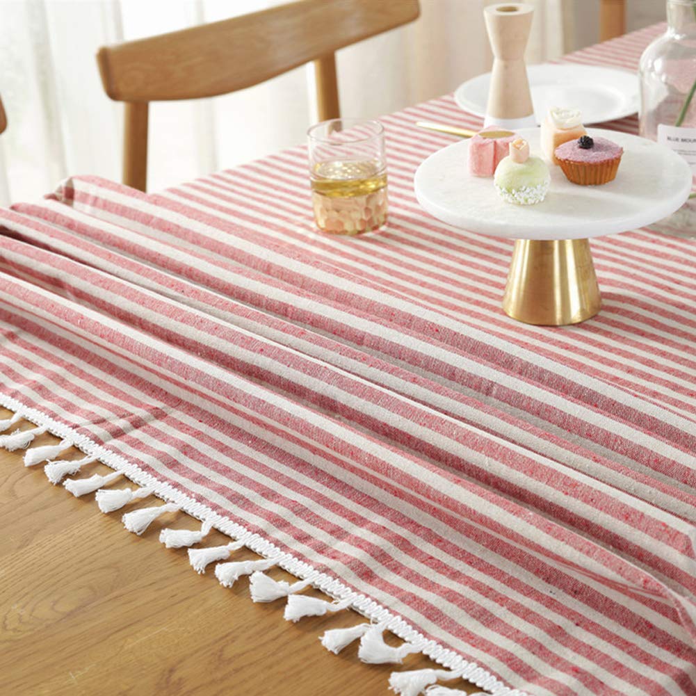 AMZALI Stripe Tassel Tablecloth Cotton Linen Stain Resistant/Dust-Proof Waterproof Table Cover for Kitchen Dinning Tabletop Decoration (Rectangle/Oblong 35 x 55 Inch  Red)