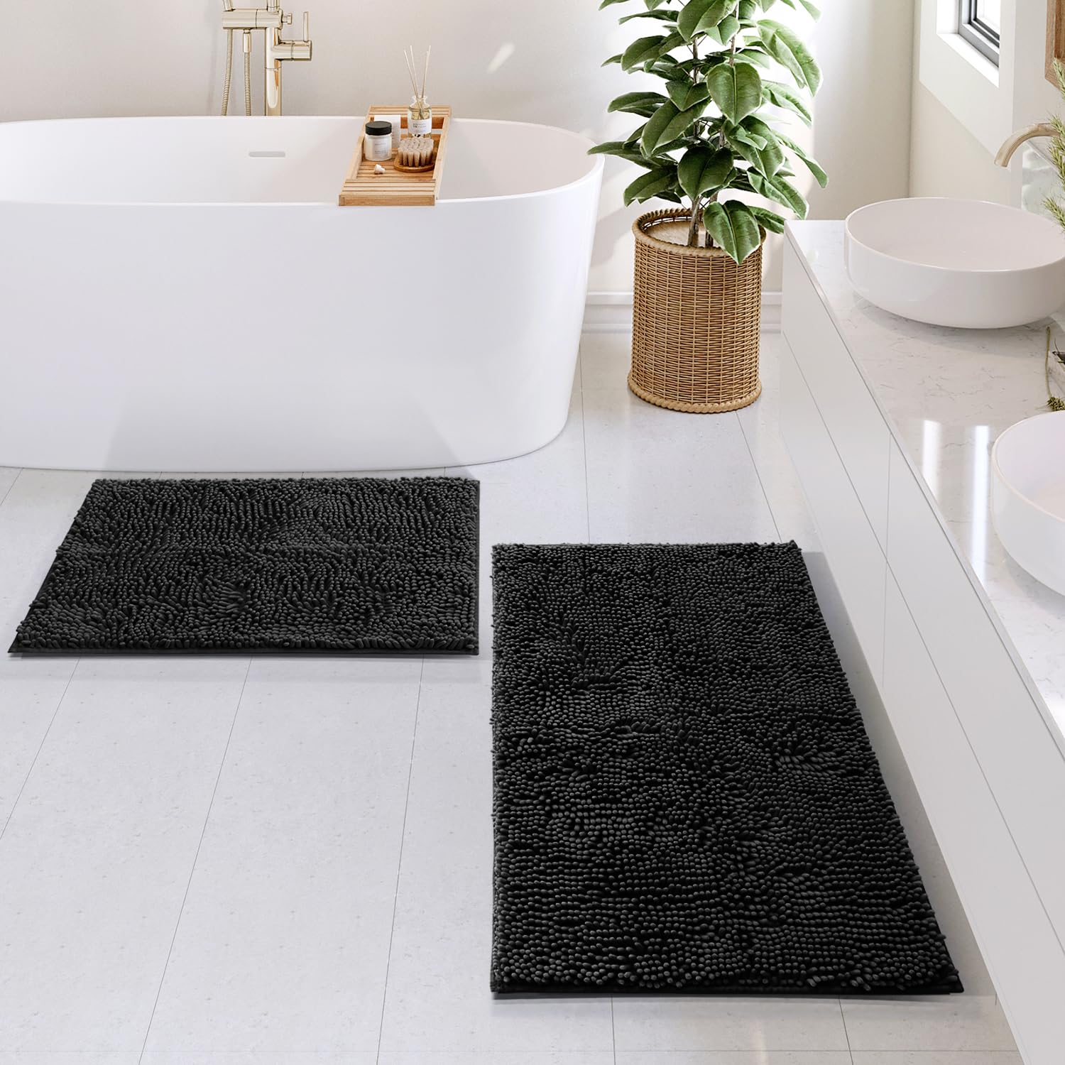 Hearth & Harbor Bathroom Rugs Sets 2 Piece, Chenille Bath Mat Set - Machine Washable Bath Mats For Bathroom Non-Slip Backing Rub