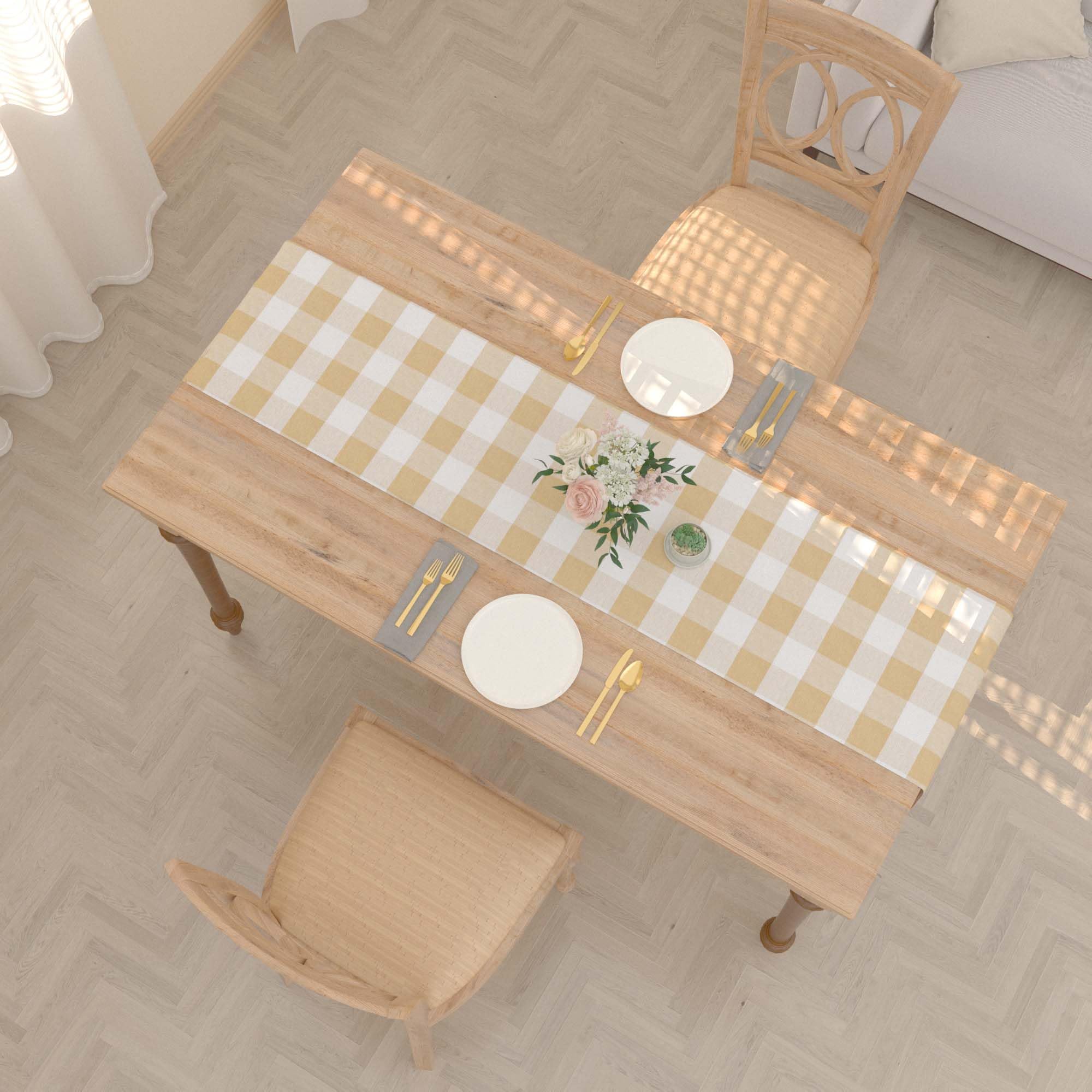 Cotton Beige & White 2 Side Buffalo Check Farmhouse Table Runner For Family Dinners Or Gatherings, Indoor Or Outdoor Parties, Ev