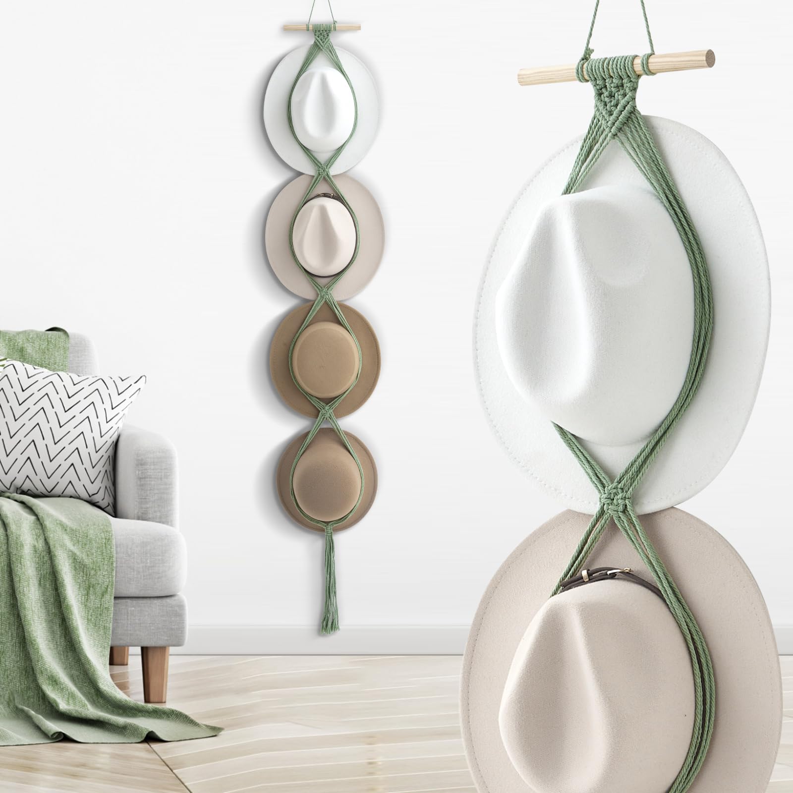 Yulejo Macrame Hat Hangers Boho Hat Rack Cowboy Hat Hanger Back Of Door Hat Organizer (Sage Green,Four Hats Style)