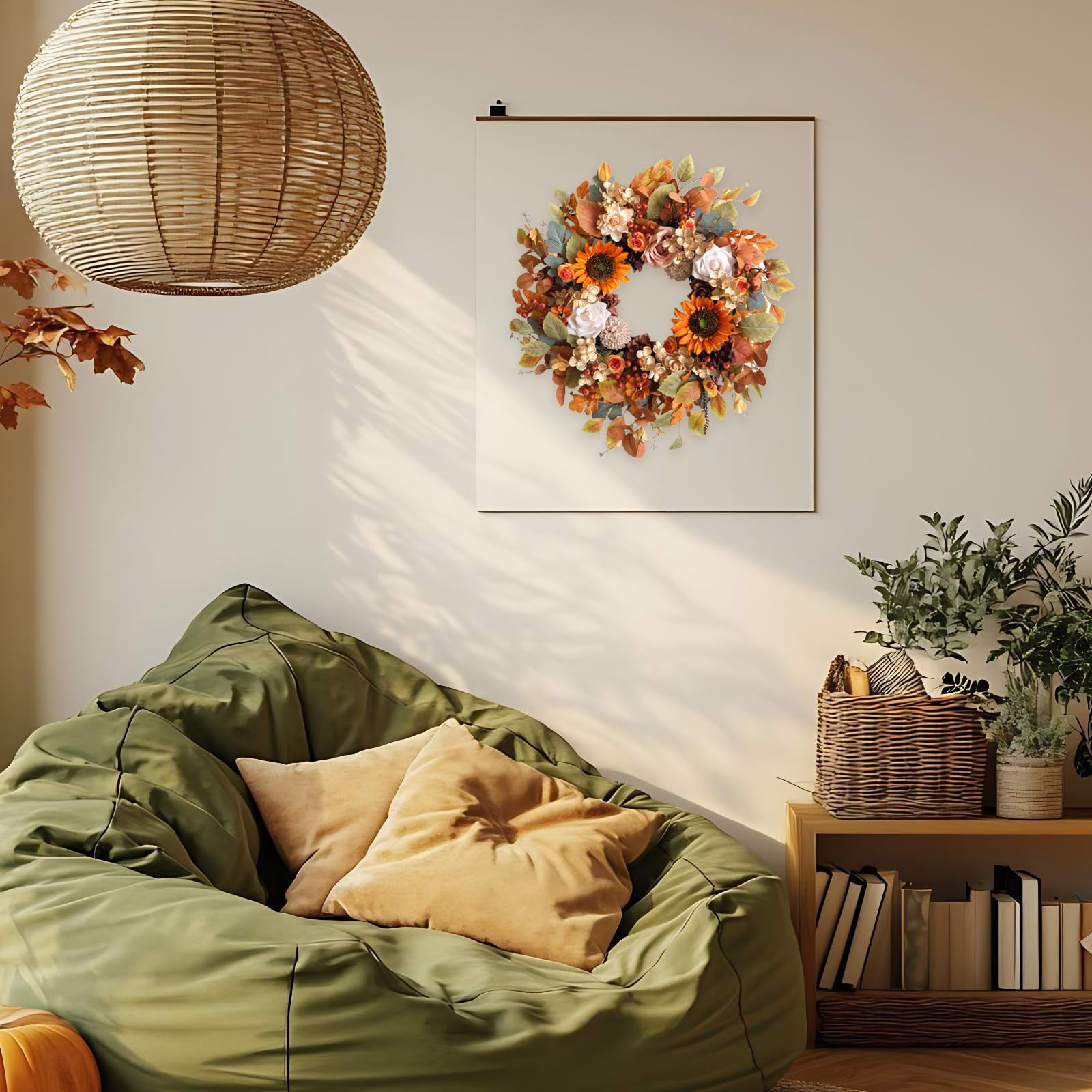 22 Inch Fall Wreaths for Front Door Artificial Flower Wreath with Sunflowers Leaves Large Autumn Farmhouse Wreath for Inside Out