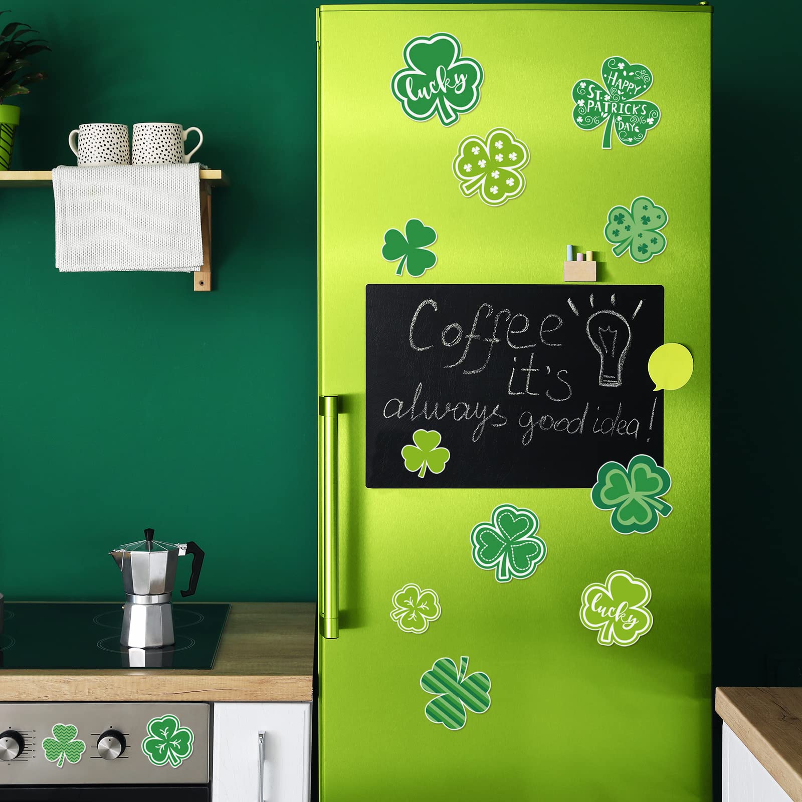 Whaline 17Pcs St. Patrick's Day Green Shamrock Refrigerator Magnets - Lucky Clover Decorative Stickers for Fridge, Car, Locker, and Office Decor