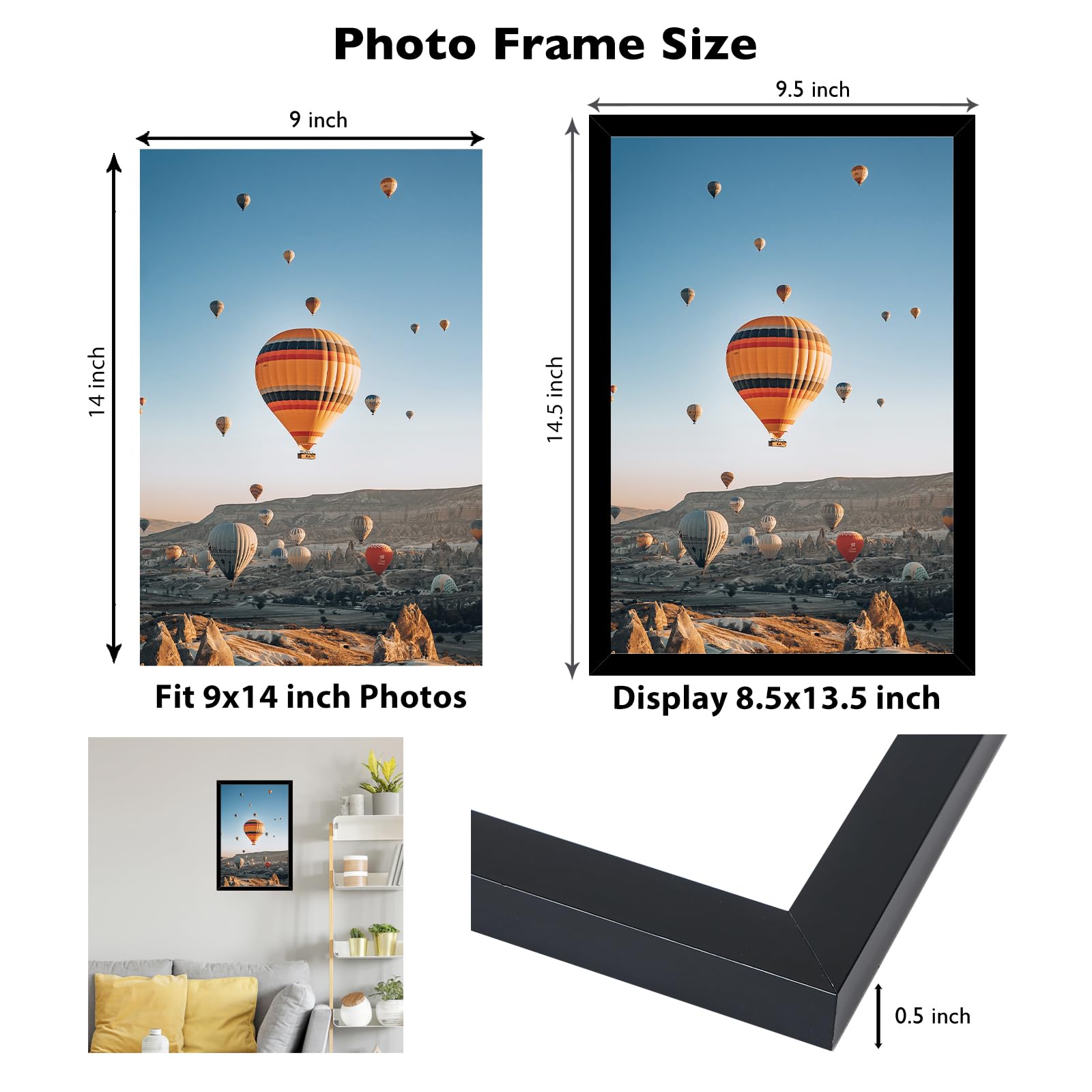 JCJMY 9x14 Picture Frame Black for Wall Hanging, Wall Mounting Horizontally or Vertically, 9 x 14 Wall Gallery Poster Photo Fram