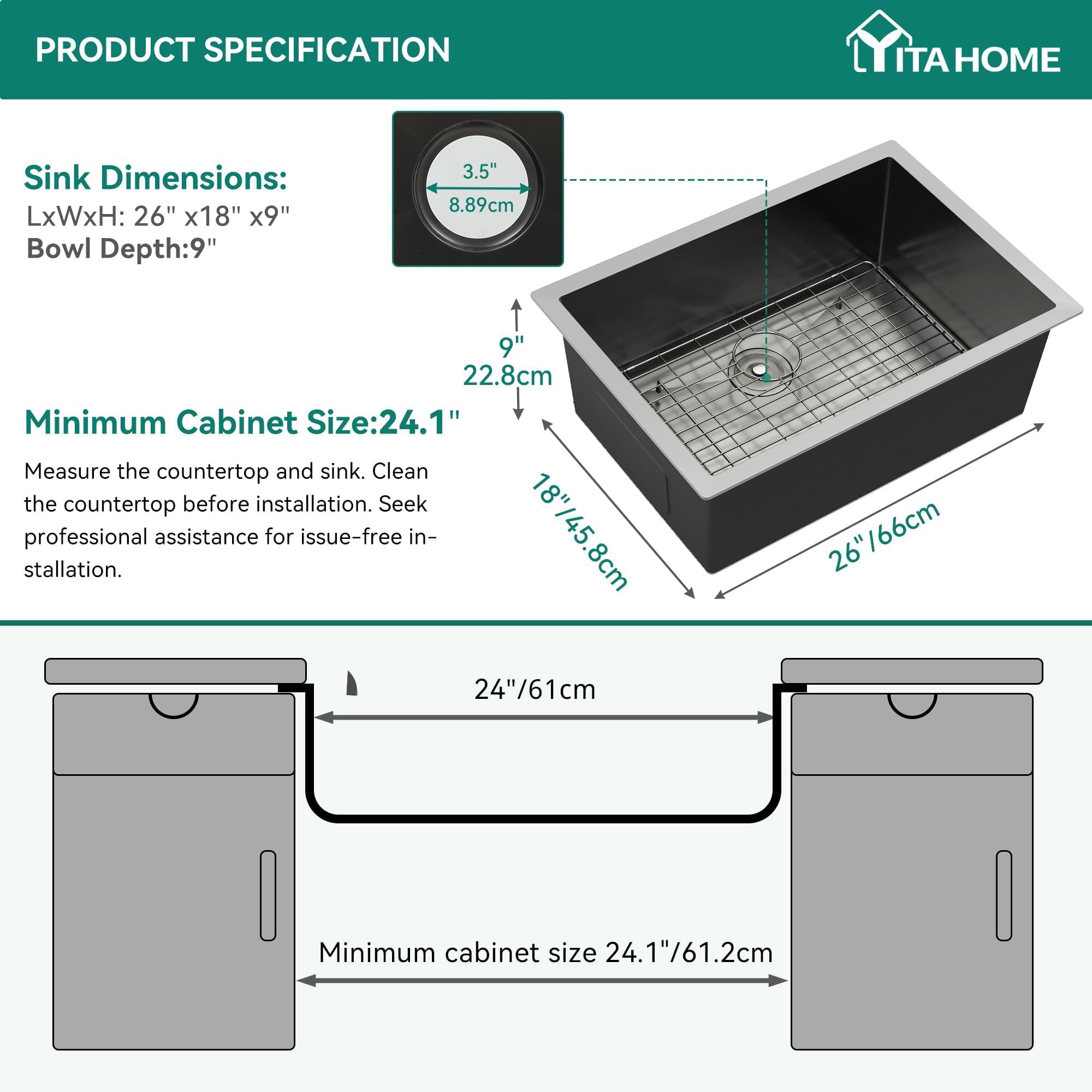Yitahome Black Kitchen Sink 26In Undermount Sink Single Bowl 16 Gauge Stainless Steel Nano Gunmetal Black Sink With Accessories