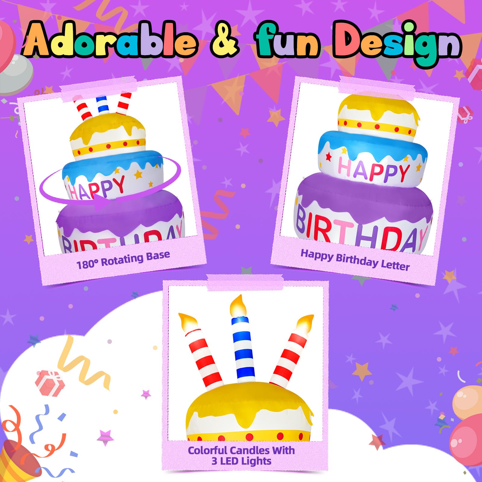 B&D 6FT Happy Birthday Cake Inflatable with 180 Rotation, 3-Color Yellow Blue Purple Tiered Cake with Sparkling LED Lights, Blow