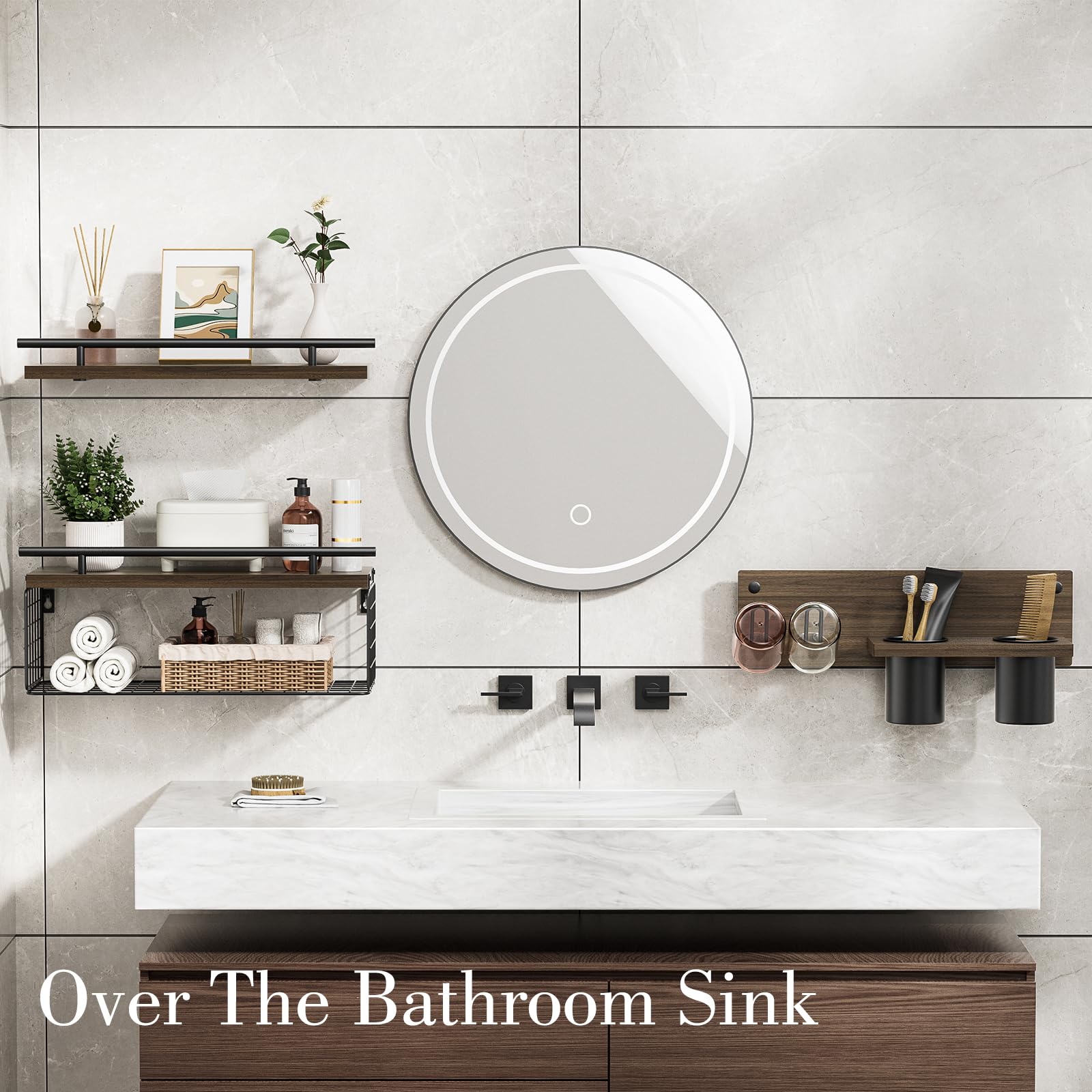 Roledes Bathroom Floating Shelves With Hair Dryer Holder - Wall Mounted Wood Wall Shelf With Blow Dryer Storage Over The Toilet