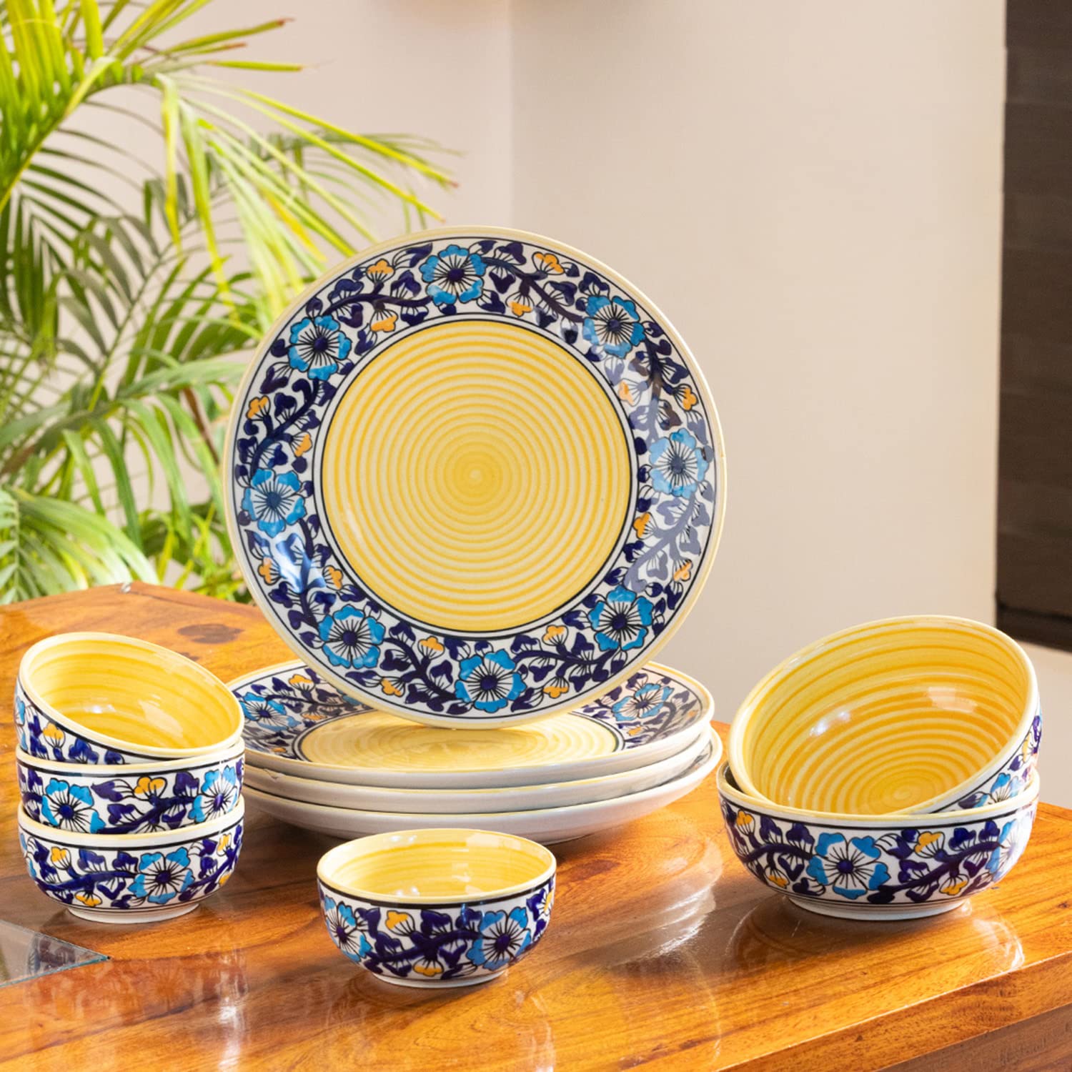 Exclusivelane 'Spring Garden' Handcrafted Ceramic Dinner Set Ceramic Dinner Plates And Bowl Set (10 Pieces- 4 Dinner Plates, 2 S