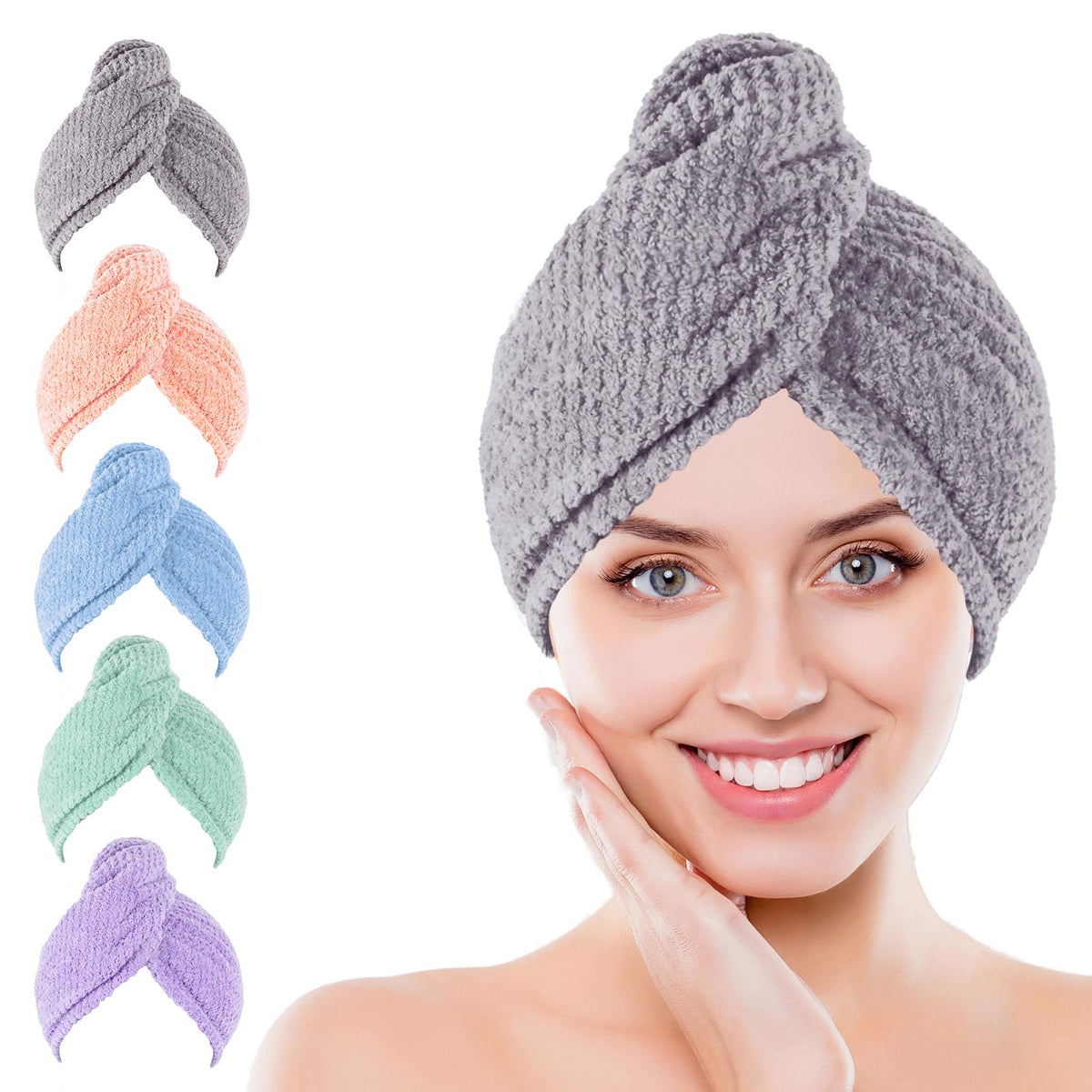 Kldnkig Microfiber Hair Towel Wrap, 5 Pack Soft Hair Drying Towel with Elastic Band, Drying Hair Wrap Towels for Curly, Hair Tow