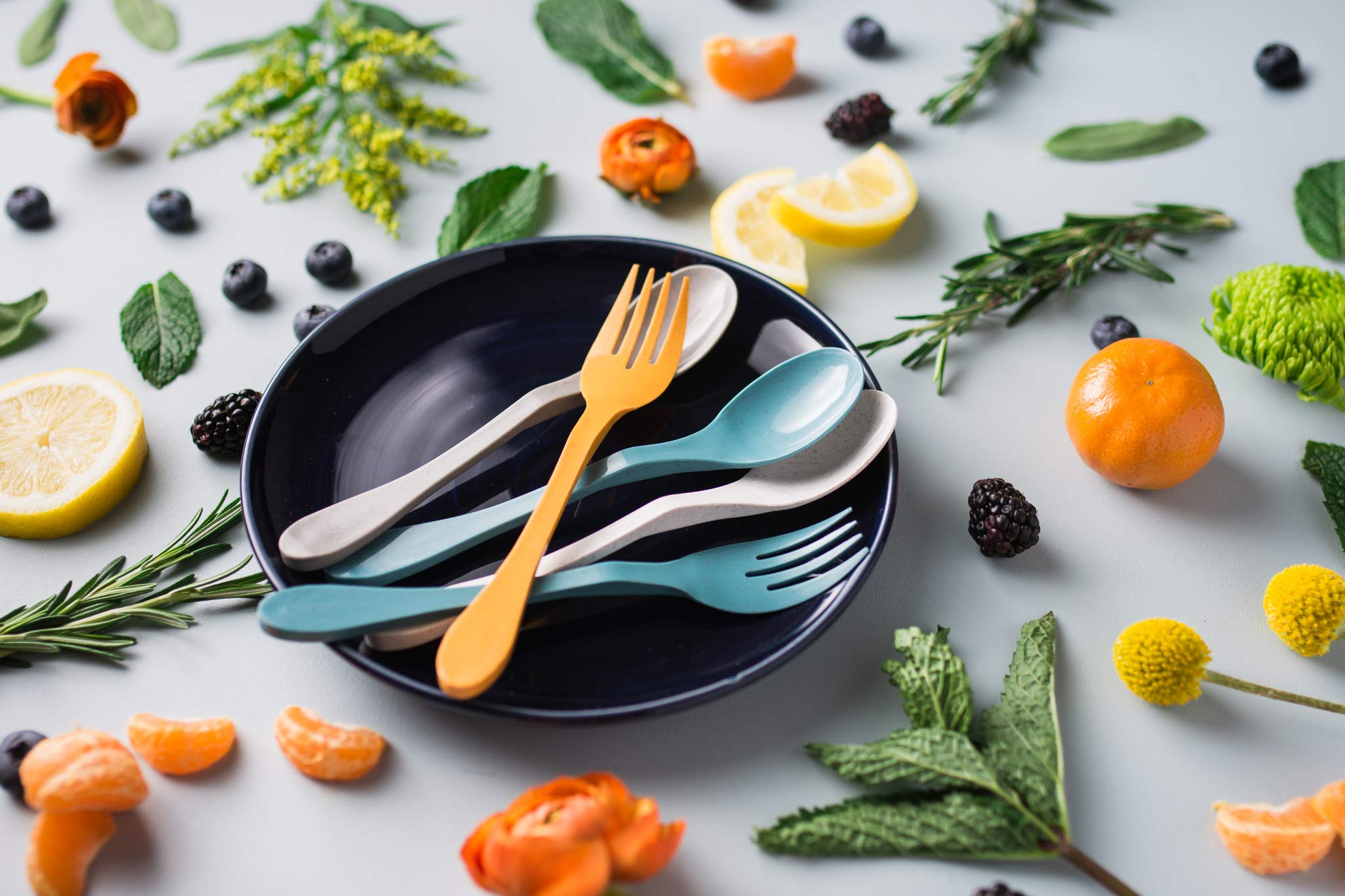 Knork Eco Astrik Reusable Compostable Plant-Based To Go Ware, Utensil Set With Carry Case, Orange Blue White Gray, 8 Piece Utens