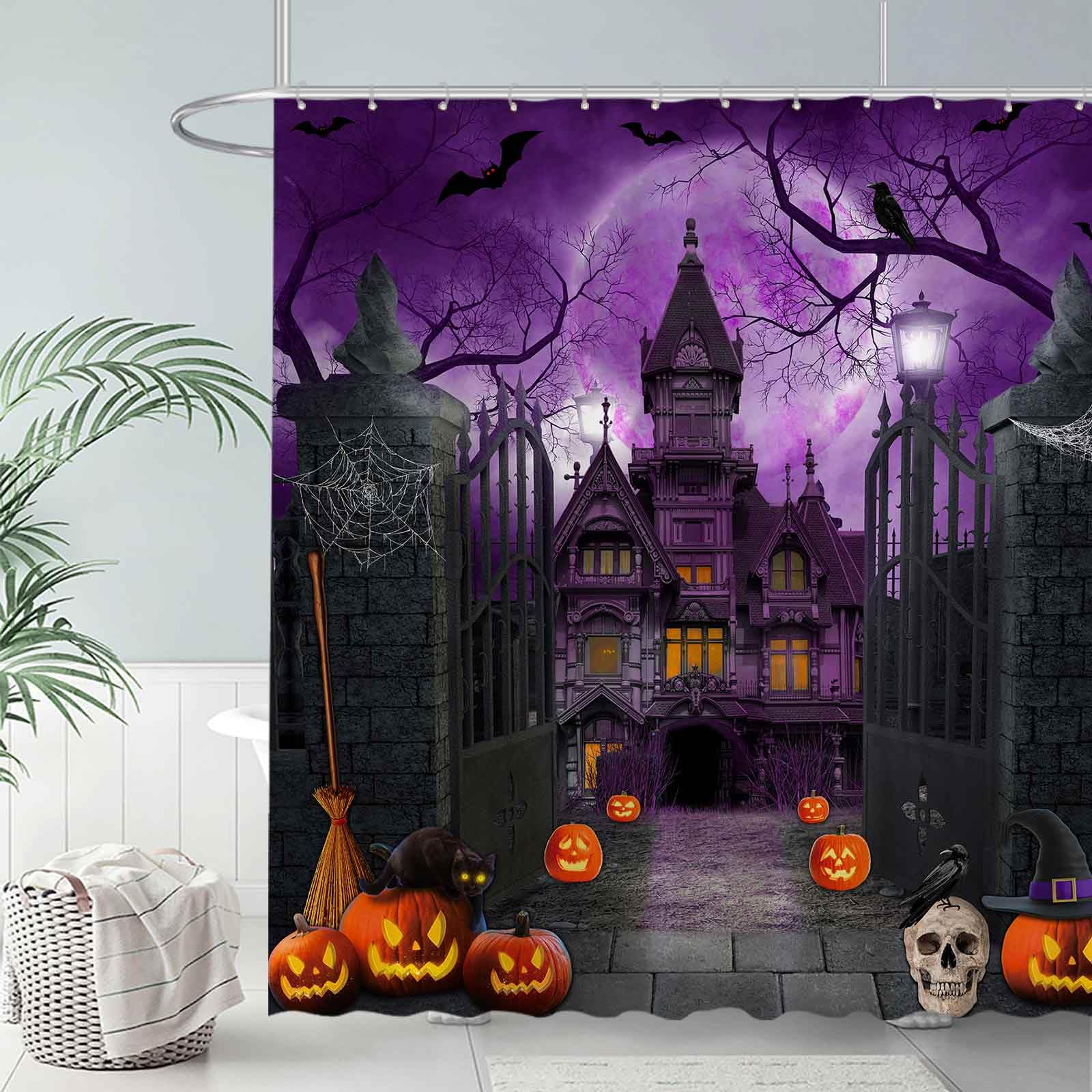 Allenjoy 72'' X 72'' Purple Halloween Shower Curtain For Bathroom Set Scary Night Moon Gothic Haunted House Pumpkin Courtyard Do