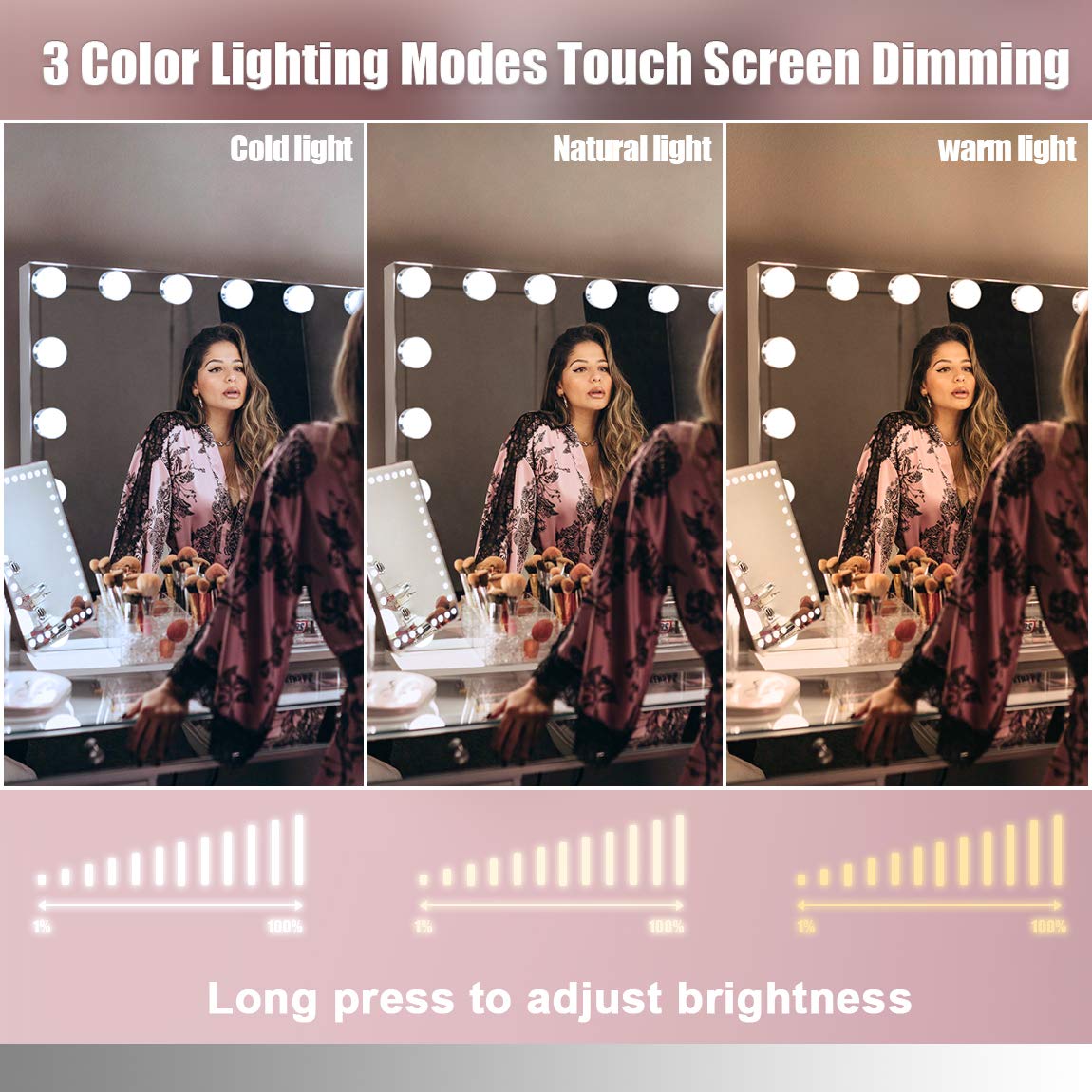 Bobening Vanity Mirror for Makeup Bluetooth  Extra Large Hollywood Lighted Mirror with 18 Dimming LED Bulbs Smart  Tabletop/Hanging Cosmetic Mirror with Touch Screen & USB Charging Port & Speaker
