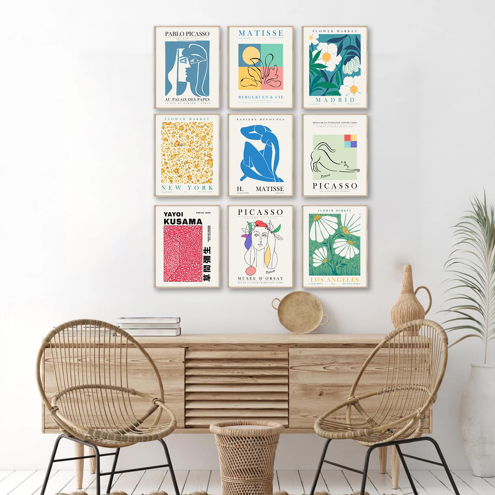 Eclectic Gallery Wall Art Set Of 9, Abstract Matisse Poster Flower Market Prints, Minimalist Wall Decor Canvas Paintings, Trendy