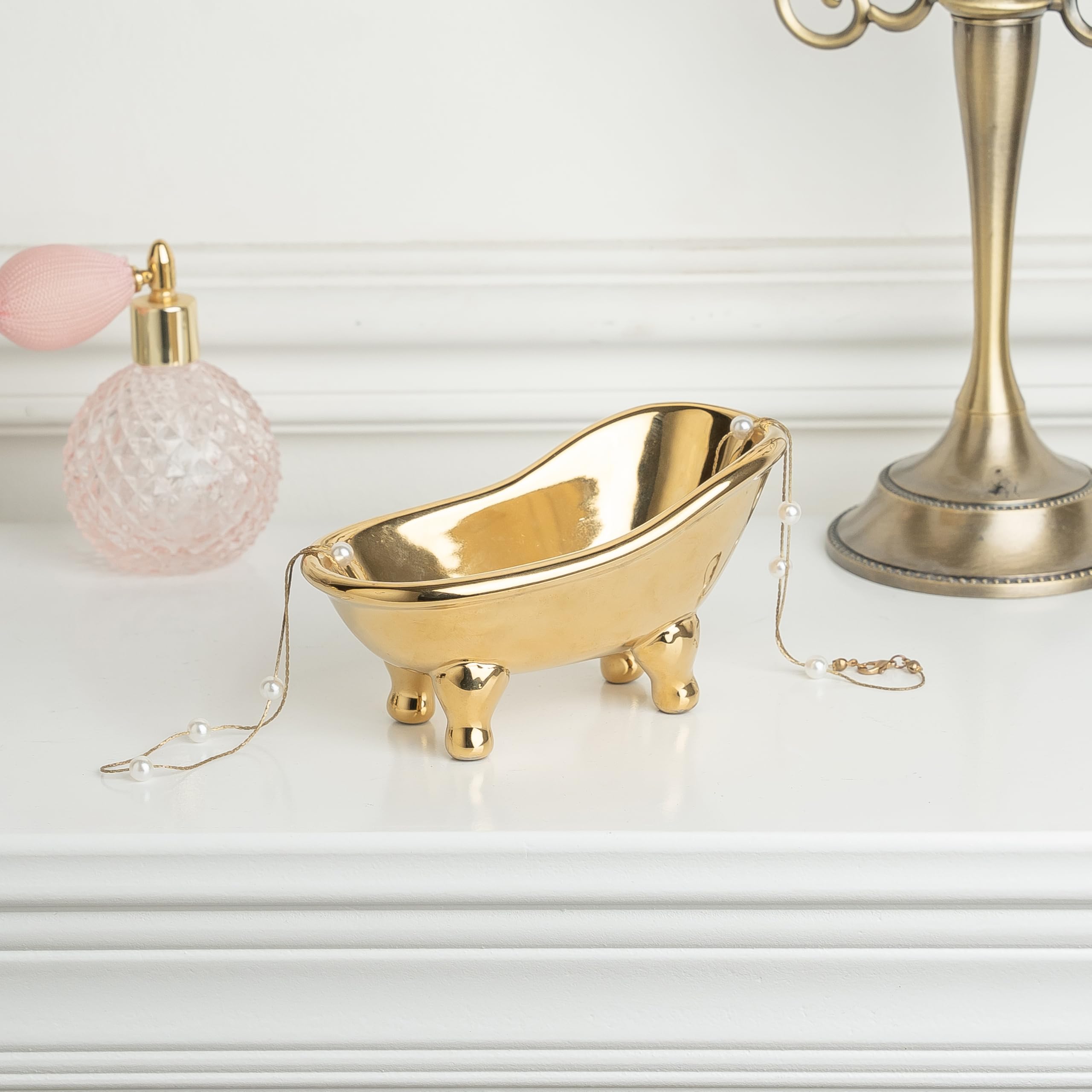 5.6'' Ceramic Mini Bathtub Soap Dish Decortative Clawfoot Bathroom Soap Dish (Golden)