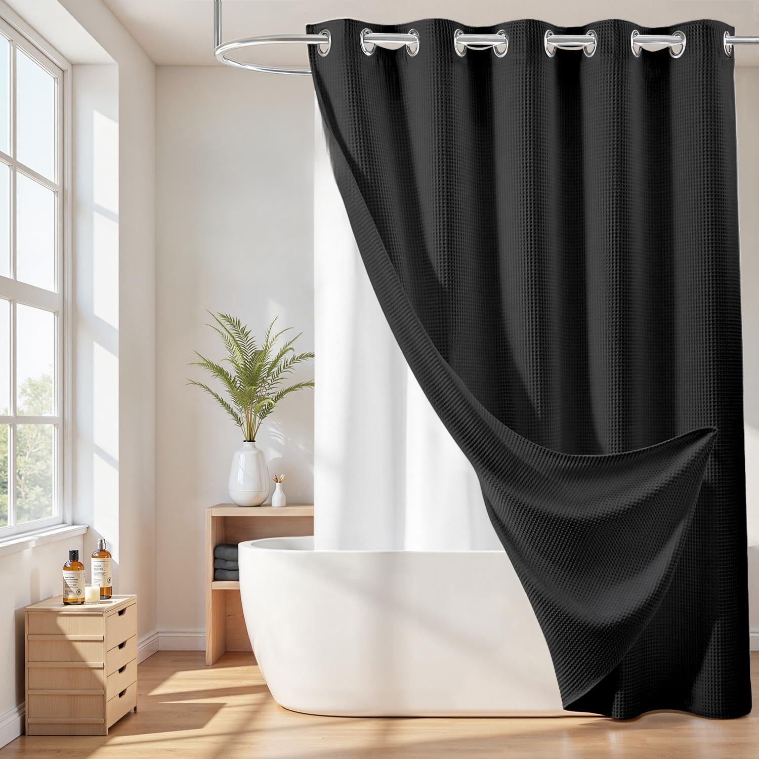 River Dream Hotel Grade No Hooks Needed Shower Curtain With Snap In Liner,Water Repellent, Machine Washable (Black, 71X86(W/Line