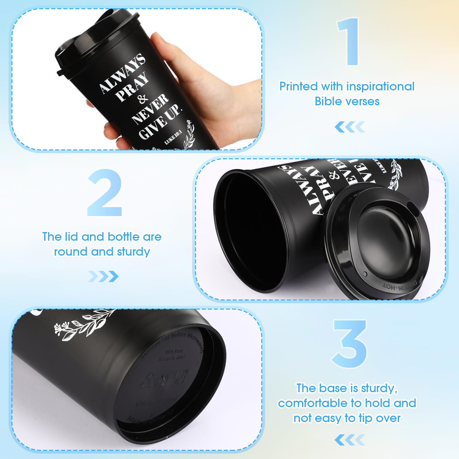 Skylety 20 Pack Christian Gifts for Men Women 16oz Reusable Bible Verse Tumbler Bulk Plastic Coffee Cups with Lids Inspirational