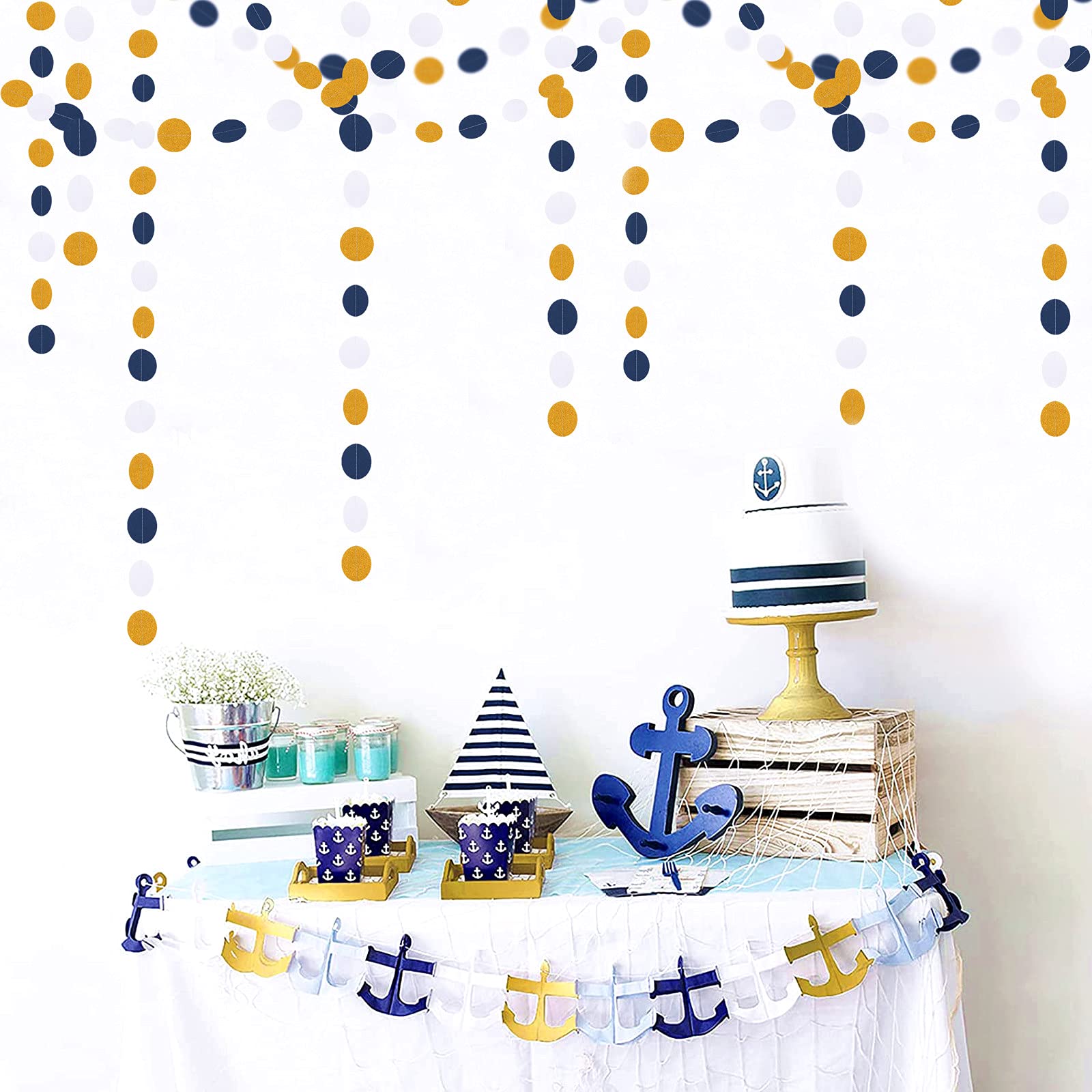 Navy-Blue White-Gold Party-Decorations Streamers Garland - 52Ft Graduation 2023 Glitter Hanging Paper Banner, Men Boy Birthday N