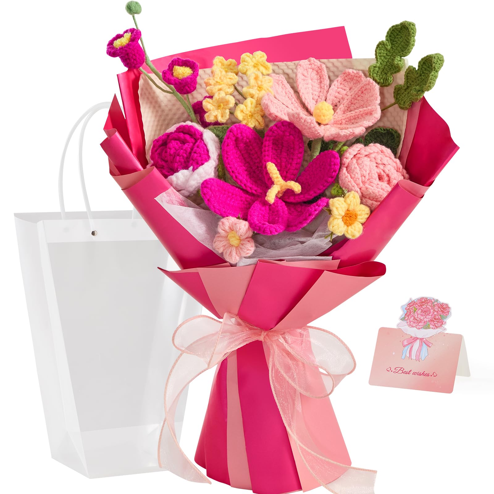 Alecono Crochet Flower Bouquet, Hot Pink Knitted Flowers, Crochet Tulips Flower for Lover Anniversary Birthday Party Mother s Da