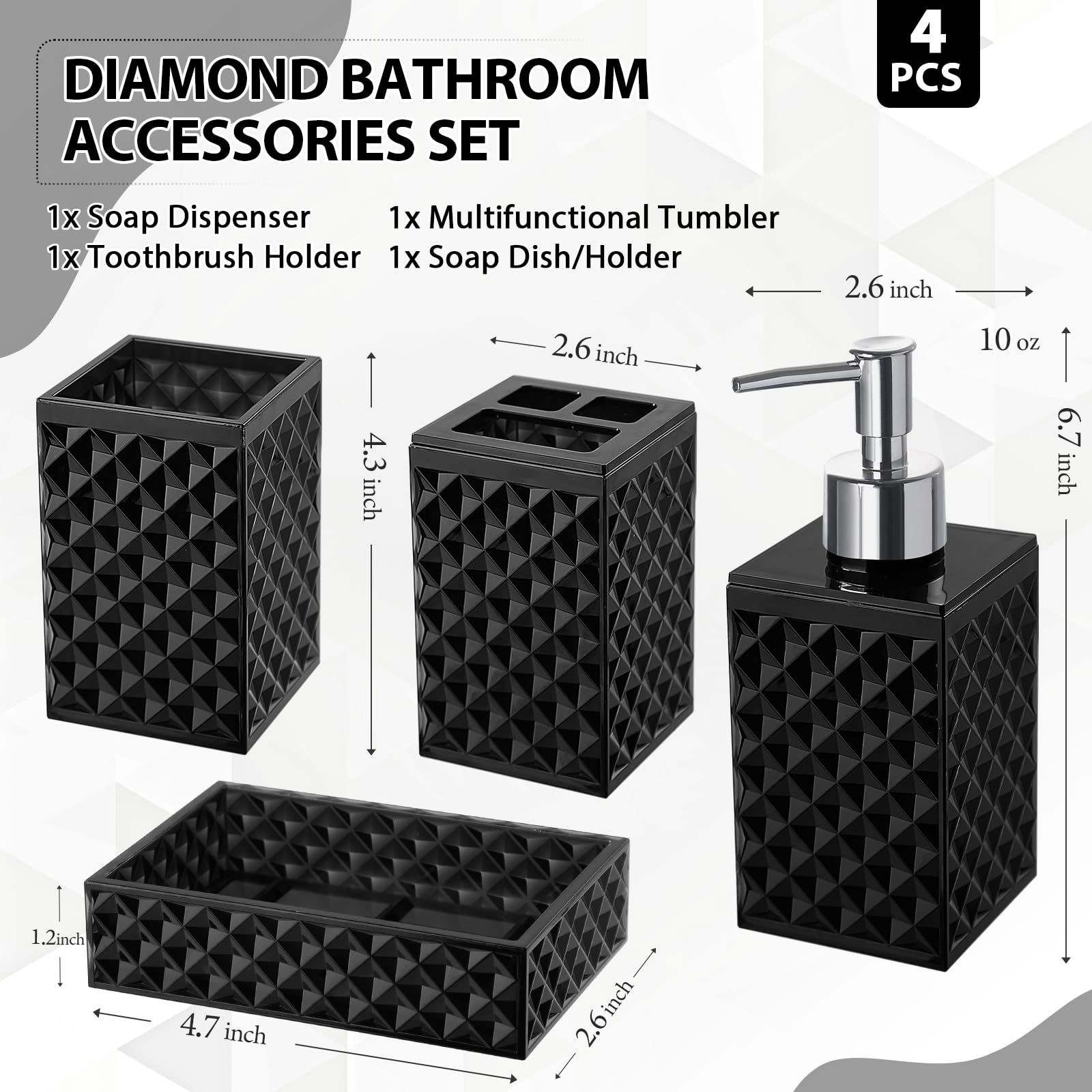 Rytoxilo Black Bathroom Accessories Set, 4 Pack Matte Black Bath Accessory Sets Complete, Acrylic Soap Dispenser And Toothbrush