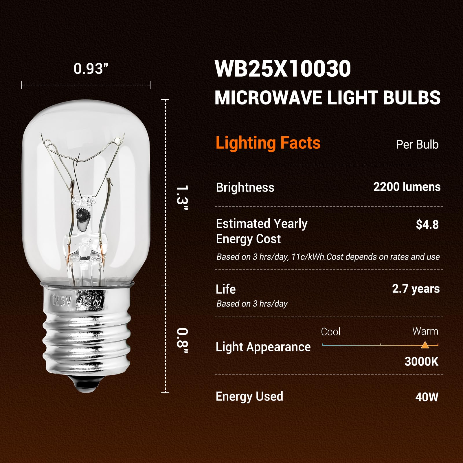 Belleone Microwave Light Bulb - 125V 40W E17 Base, 2PCS, Fits GE Kenmore Whirlpool LG Maytag Amana, 2.2" Long, Under Hood