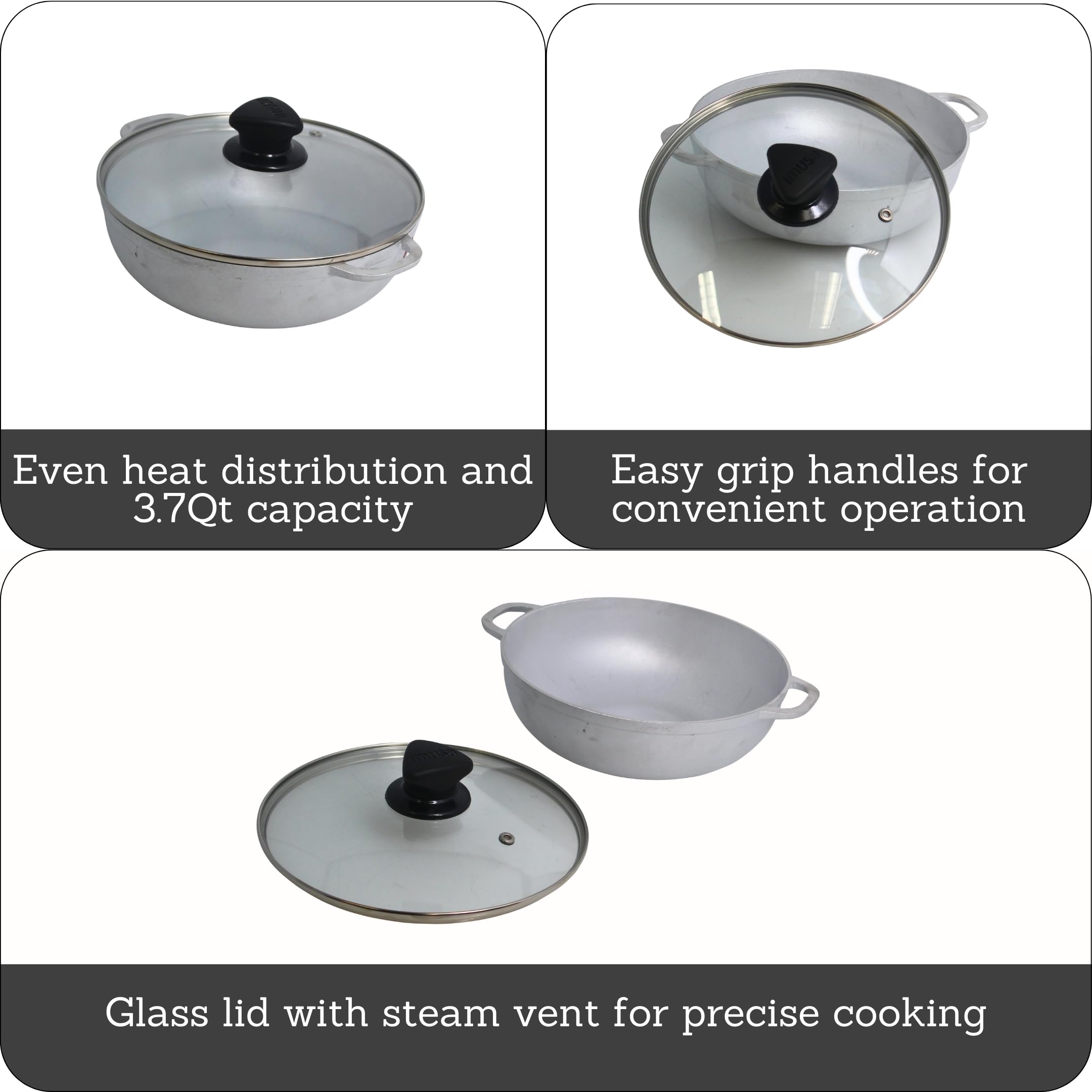 Imusa 3.7Qt Basic Caldero - Aluminum Cookware with Glass Lid, 24cm, Silver, Model GAU-80524