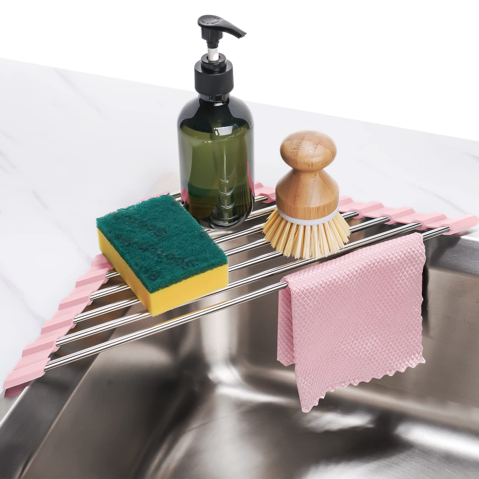 Tomorotec Triangle Foldable Dish Drying Rack, Small Roll-Up Stainless Steel Over Sink Drainer for Kitchen Sink Corner, Rustproof