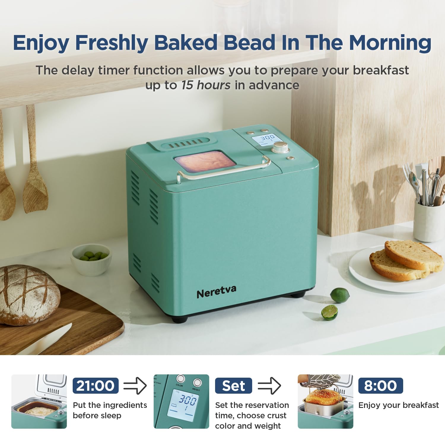 Neretva Bread Maker Machine, 20-In-1 2Lb Automatic Breadmaker With Gluten Free Pizza Sourdough Setting, Digital, Programmable, 1