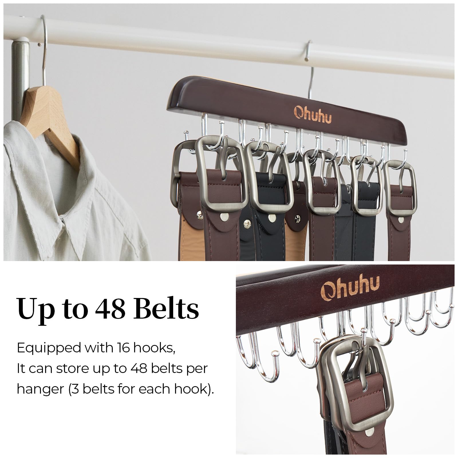 Belt Hanger Organizer For Closet: Ohuhu 16 Hooks Max 48 Belts Tie Rack Wooden Belt Holder For Storage 360 Degree Rotating Space