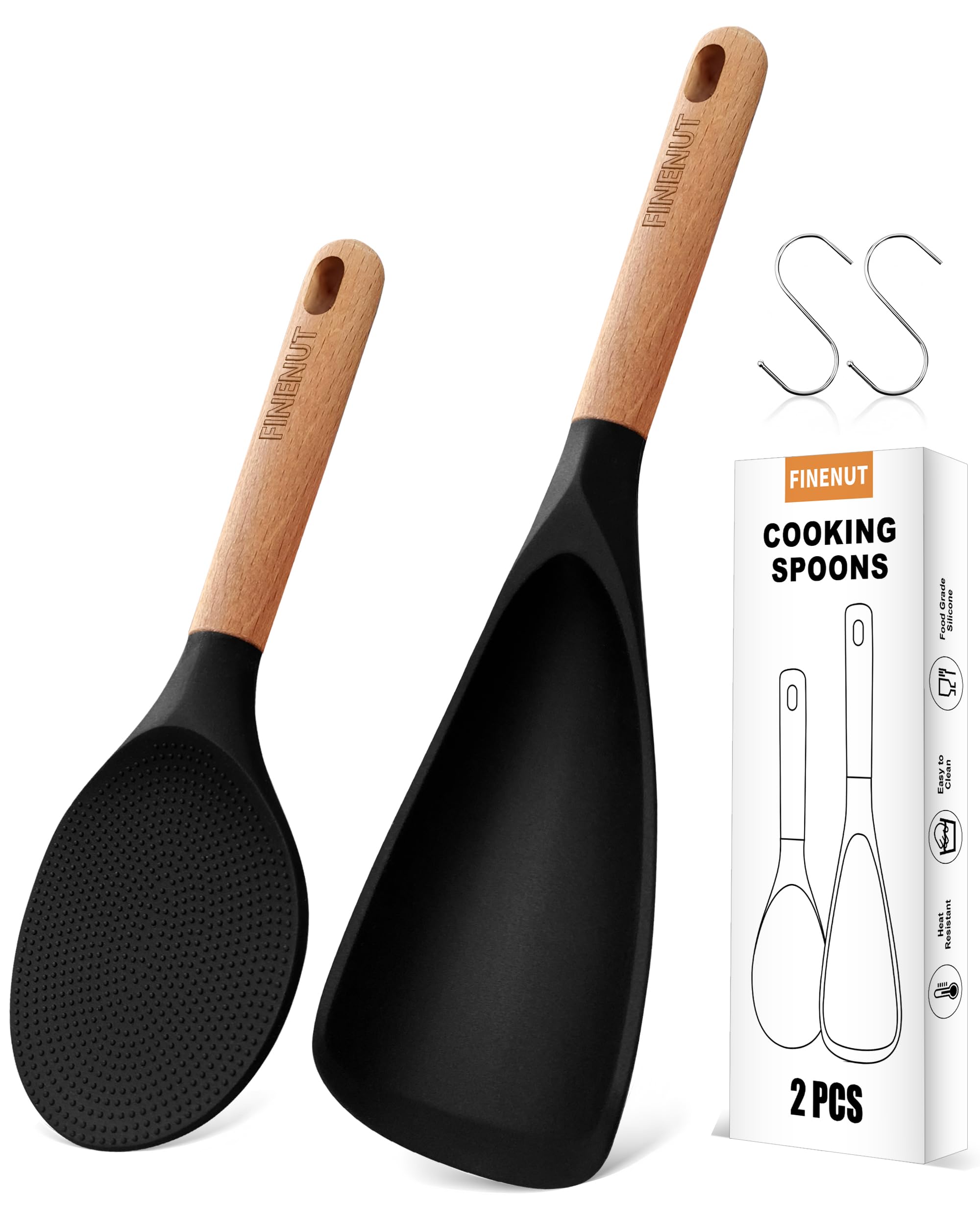 FINENUT Cooking Spoon Multifunction Spoonula Silicone Spatula Spoon 2-Pack, Dual-Use Heat Resistant 446F, BPA-Free Non-Toxic Woo