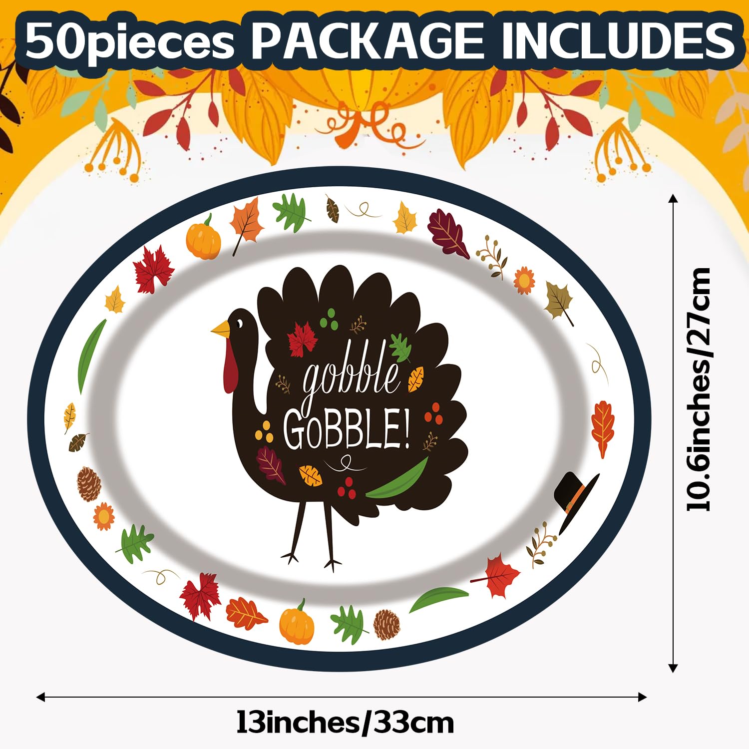 PAMMYAN 50 Pack Oval Thanksgiving Turkey Paper Plates, A turkey with Gobble gobble!, 13inch  10.6inch Thanksgiving Disposable Di