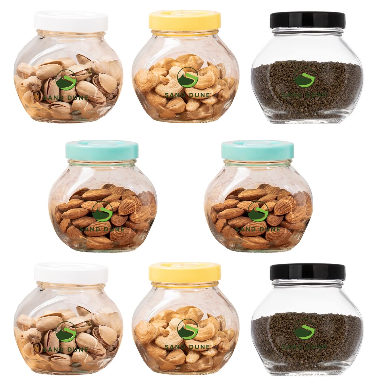 Sand Dune Set Of 8, 200 Ml Each Storage Glass Jar Assorted Plastic Cap, Transparent | Bpa Free | Storage Jar Containers/Barni Fo
