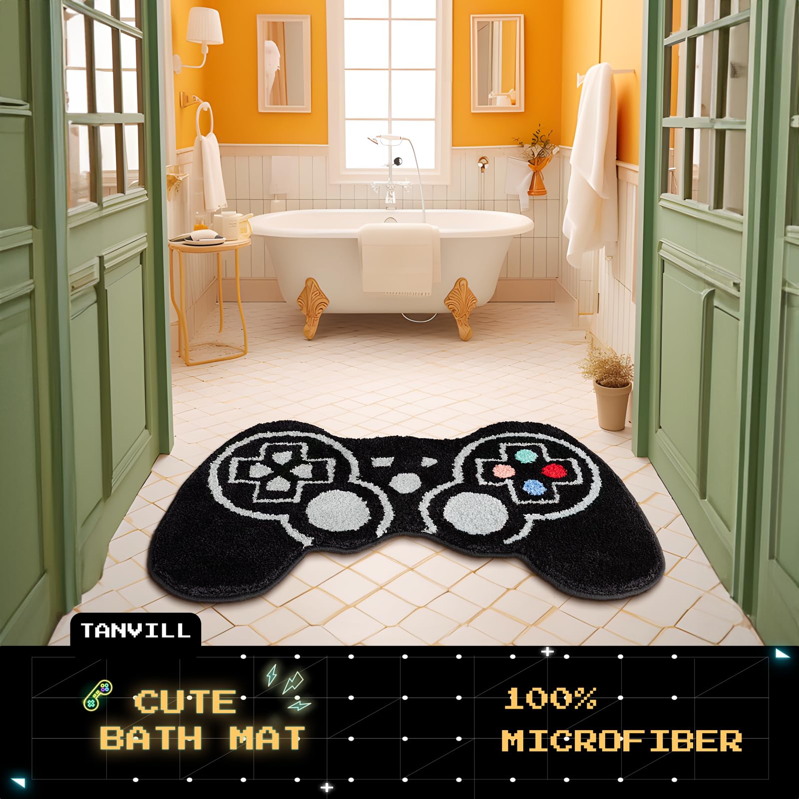 Tanvill Funny Bath Mat Cute Black Gamepad Bathroom Rugs Small Bath Rug, Non Slip Washable Soft Absorbent Funky Bathroom Decor Pr