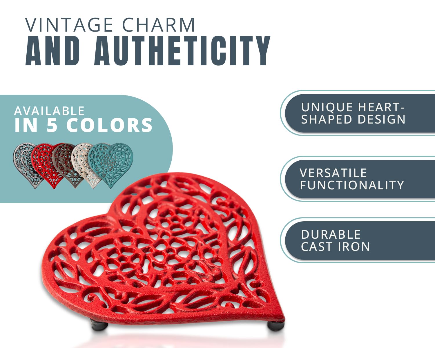 Cast Iron Heart Trivet | Decorative Cast Iron Trivet For Kitchen Countertop Or Dining Table | Vintage Design | 6.75X6.5 | With R