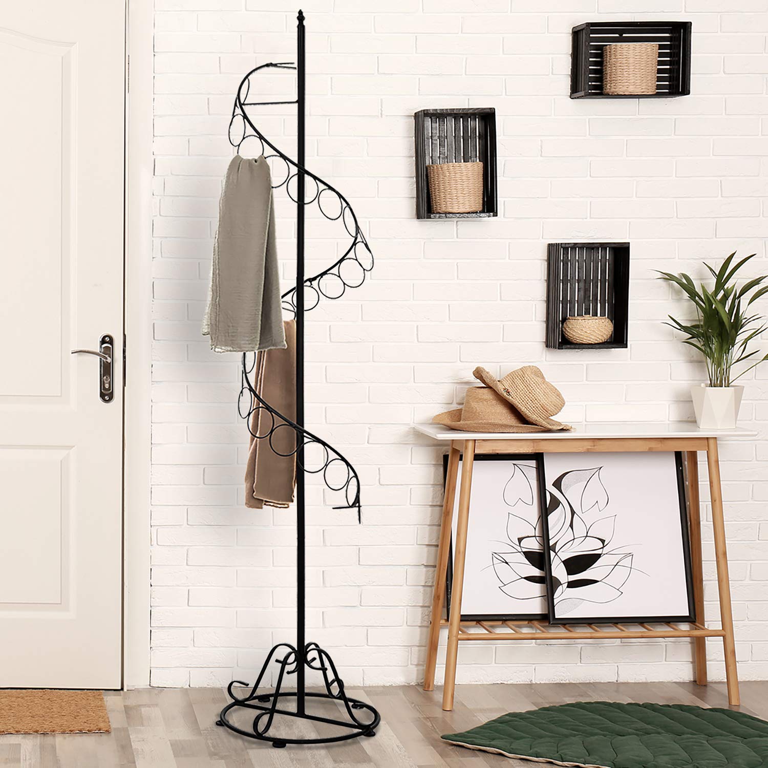 Mygift Black Metal Freestanding Scarf Holder Stand And Belt Display Organizer With 25 Rings And Spiral Design, Decorative Shawl