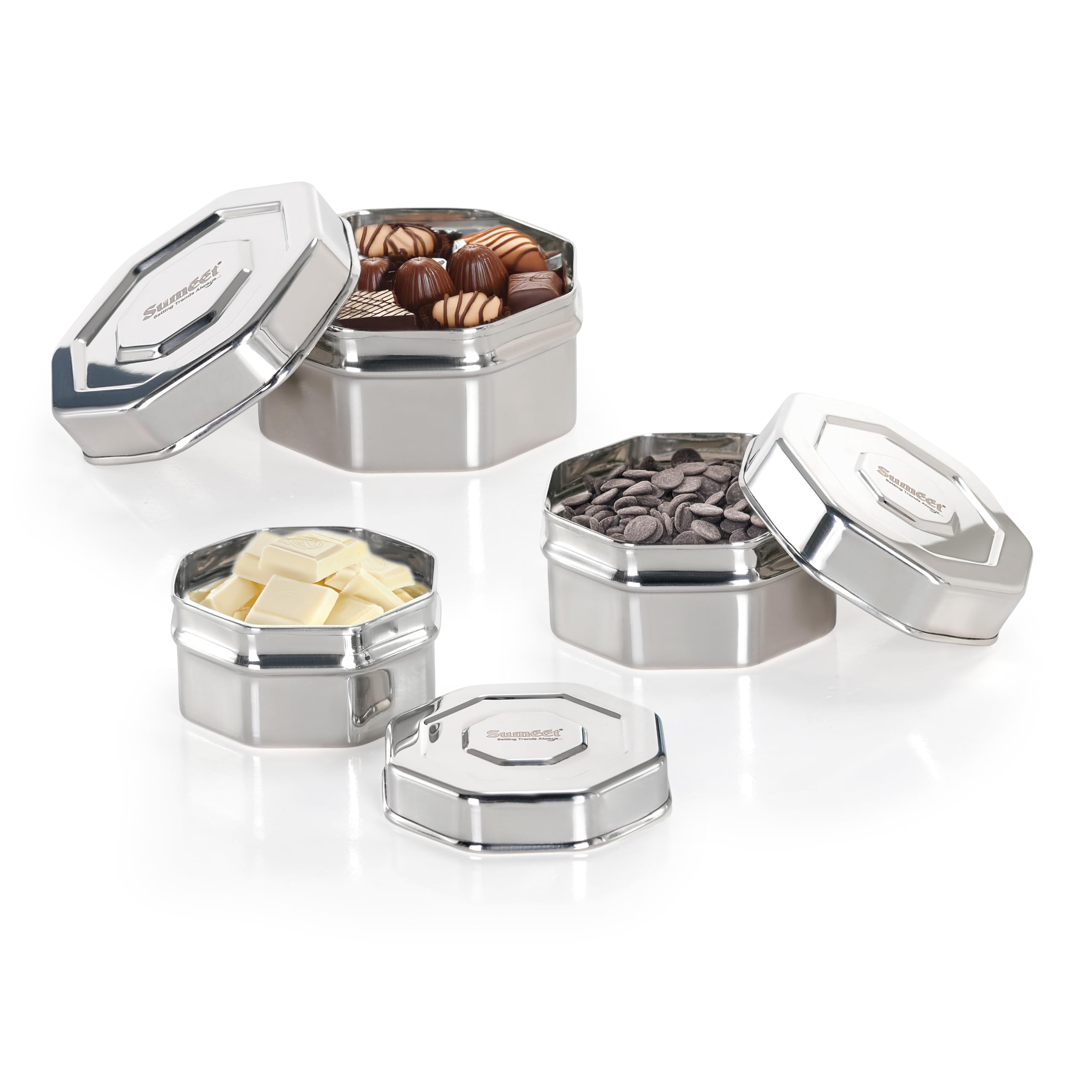 Sumeet Isi Certified Stainless Steel Hexagon Shape Small Canisters Dabba Storage Containers For Kitchen  Set Of 3  210Ml. 270Ml  380Ml - Silver