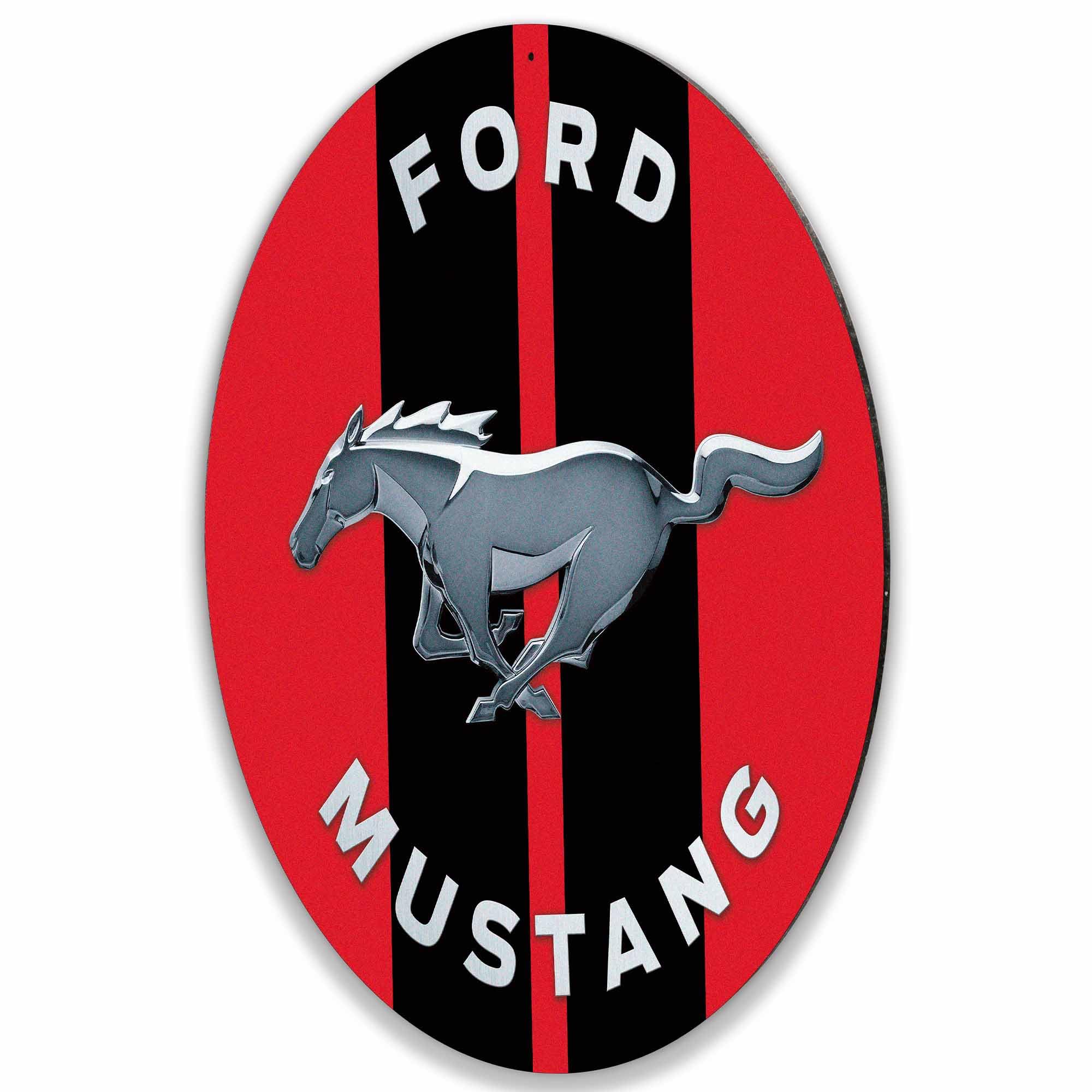 Ford Mustang Round Metal Wall Decor - Iconic Running Horse Logo with Red and Black Racing Stripes