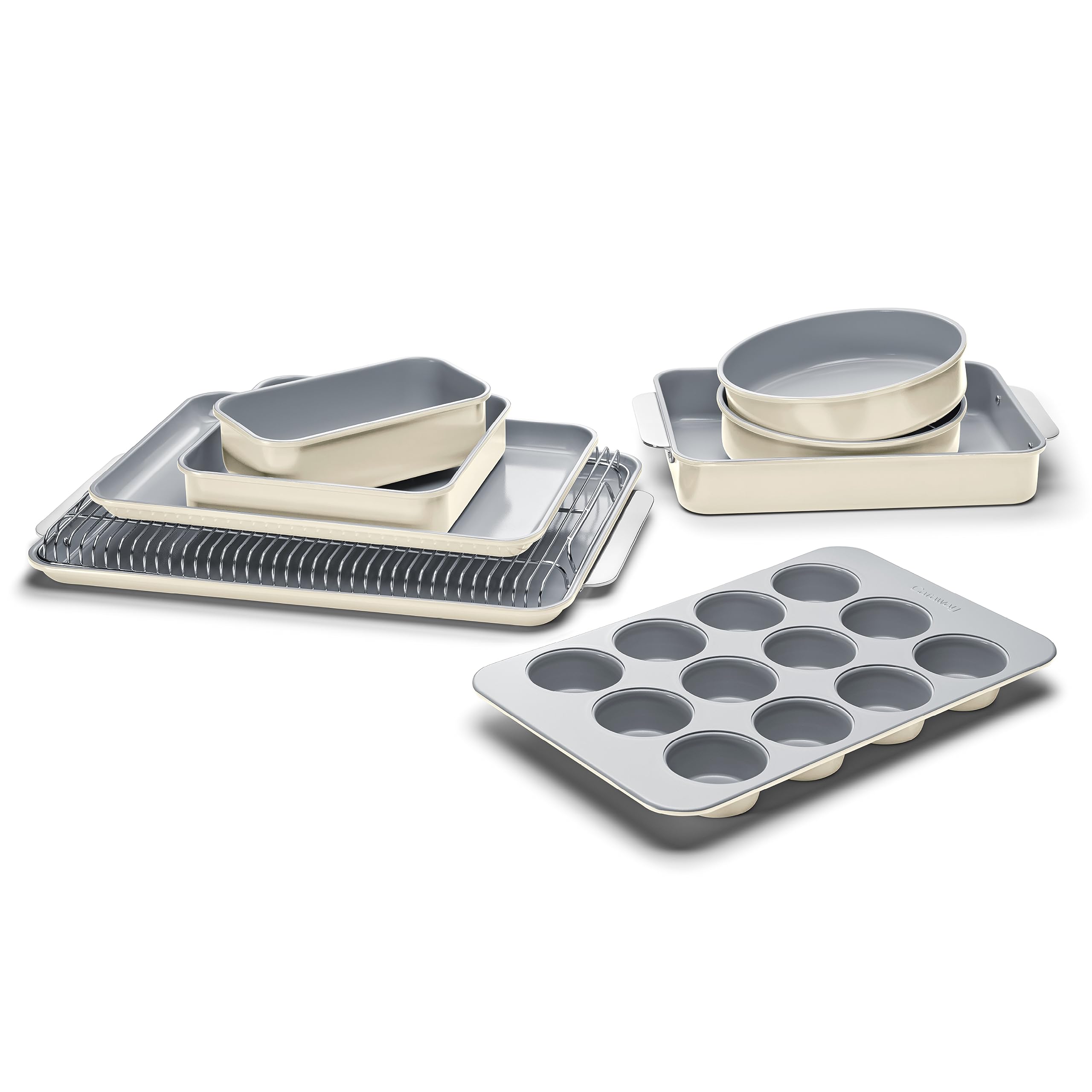 Caraway Nonstick Ceramic Bakeware Set (11 Pieces) - Baking Sheets  Assorted Baking Pans  Cooling Rack  & Storage - Aluminized Steel Body - Non Toxic  PTFE & PFOA Free - Cream