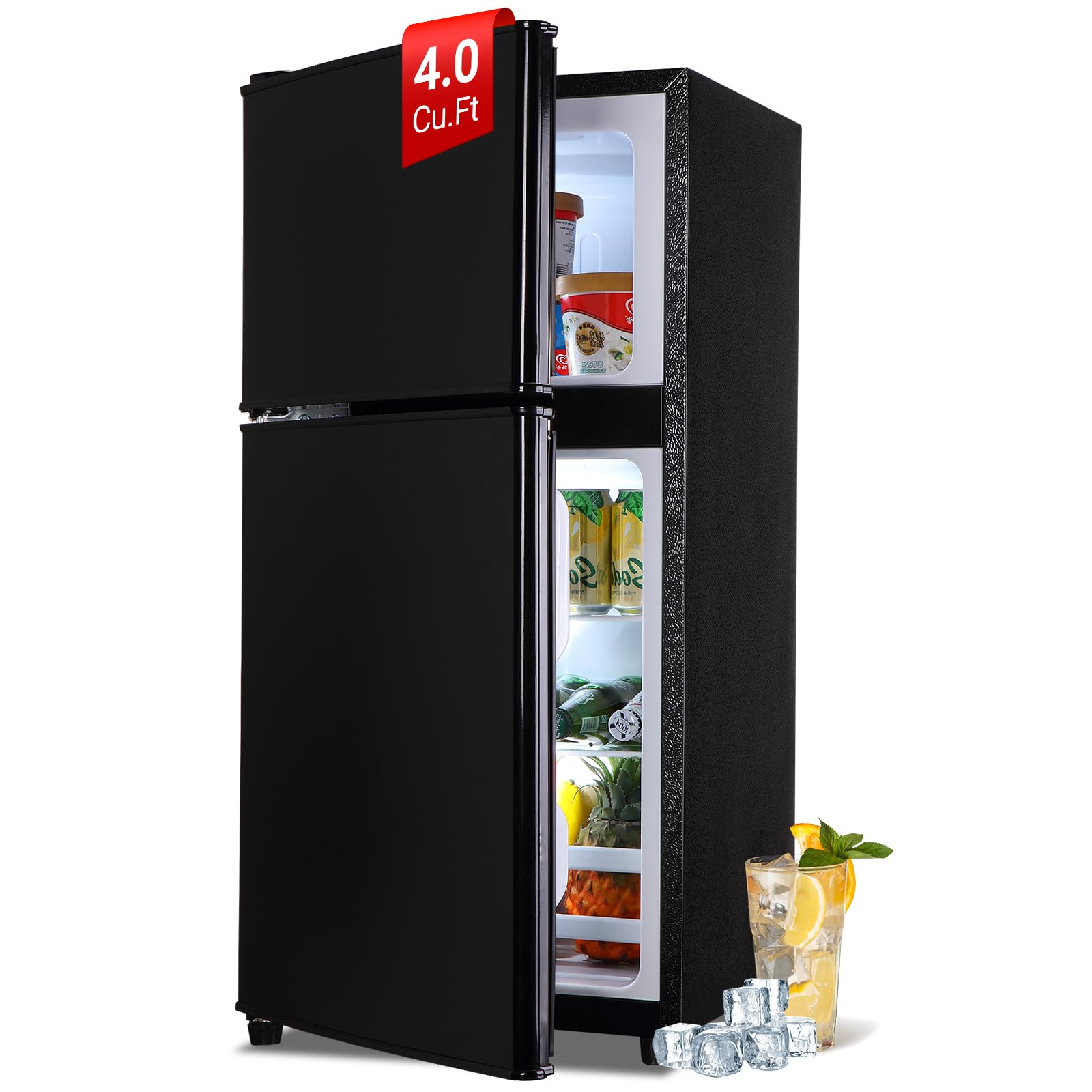 rosmena Mini Fridge with Freezer 4.0 Cu. Ft. Small Refrigerator with Freezer, 7-Level Adjustable Temperature, Compact Apartment 