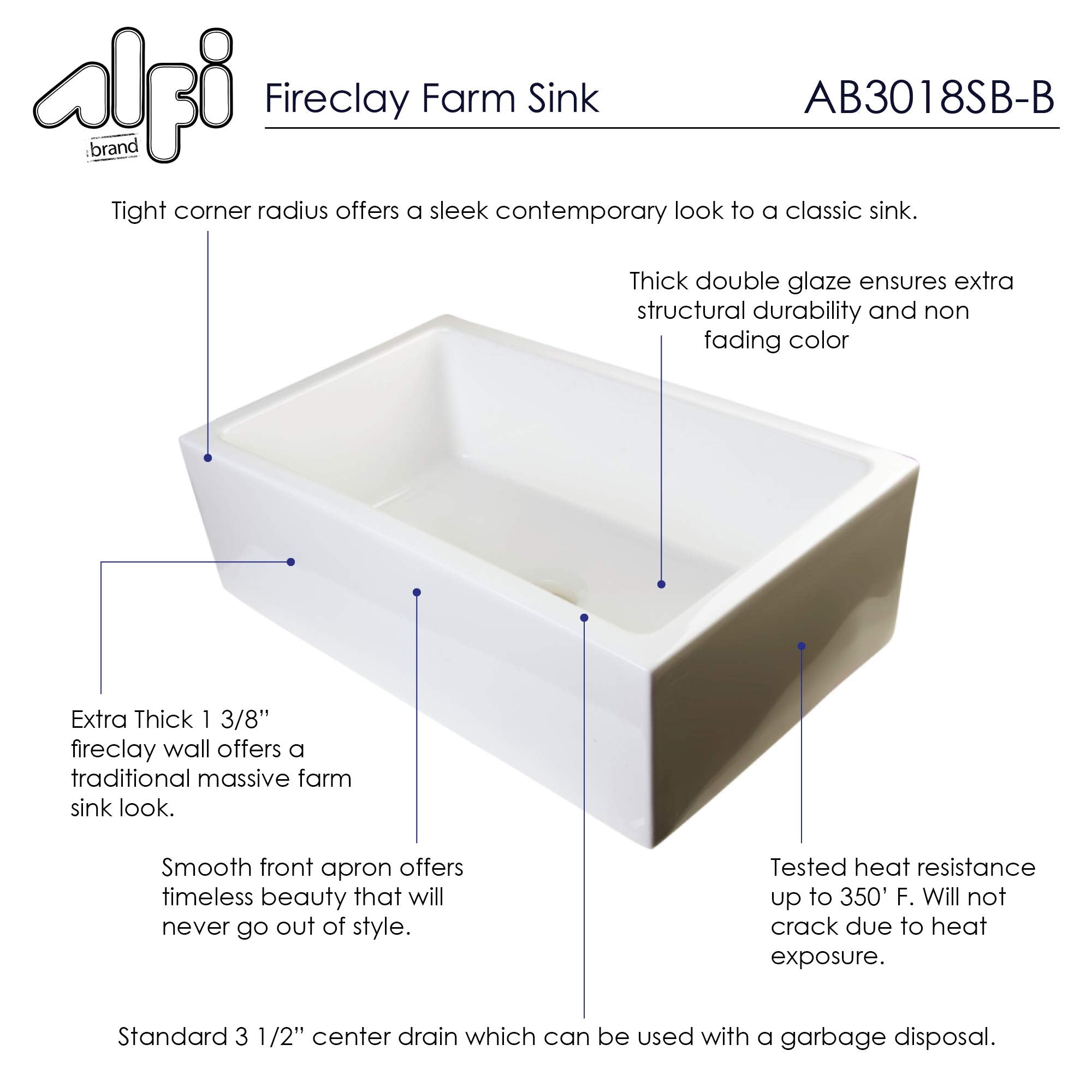 Alfi Brand Ab3018Sb-B Smooth Thick Wall Fireclay Single Bowl Farm Sink 30 Biscuit